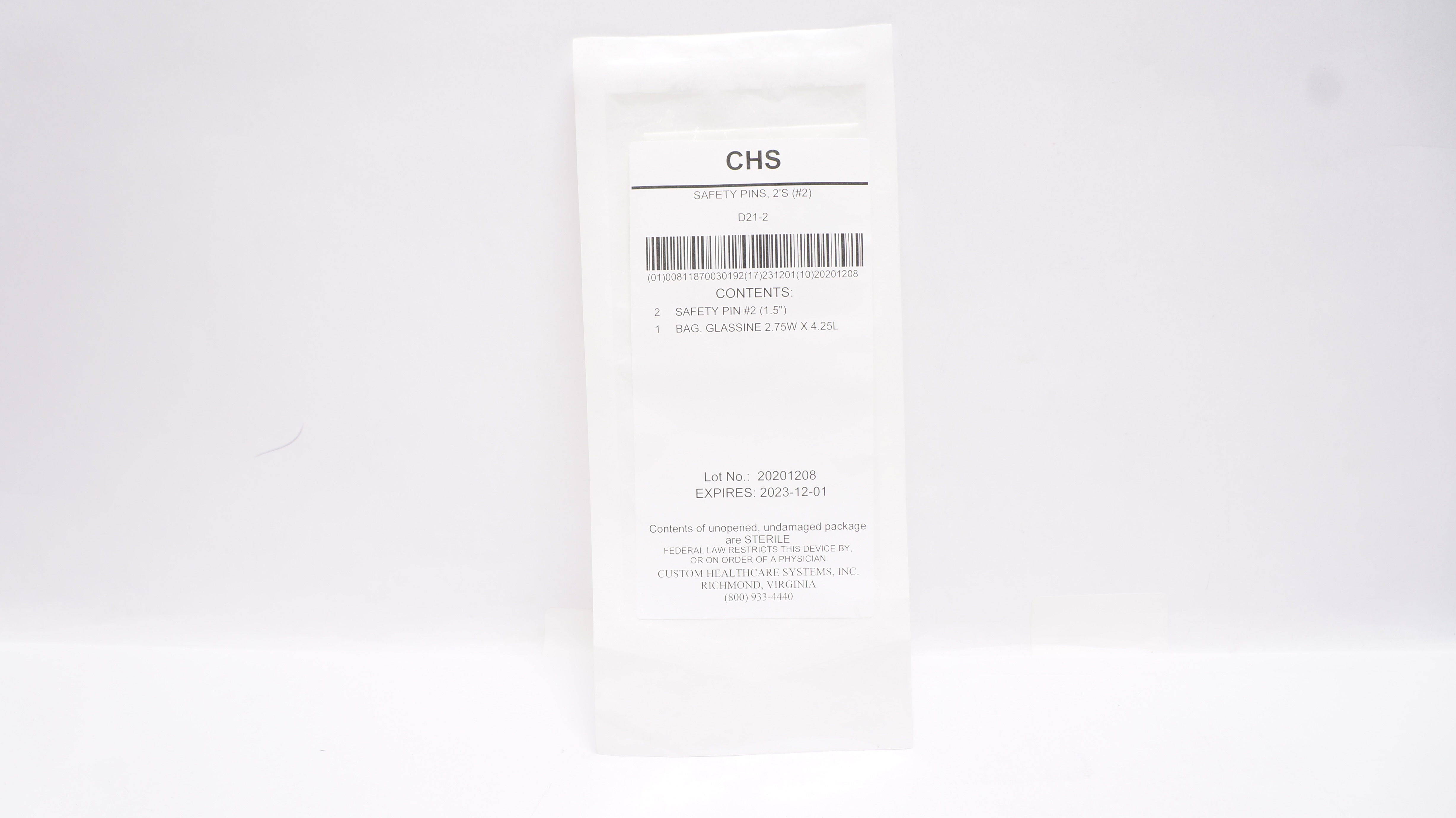 Custom Healthcare Systems D21-2 Safety Pins 2'S #2,  1.5inch