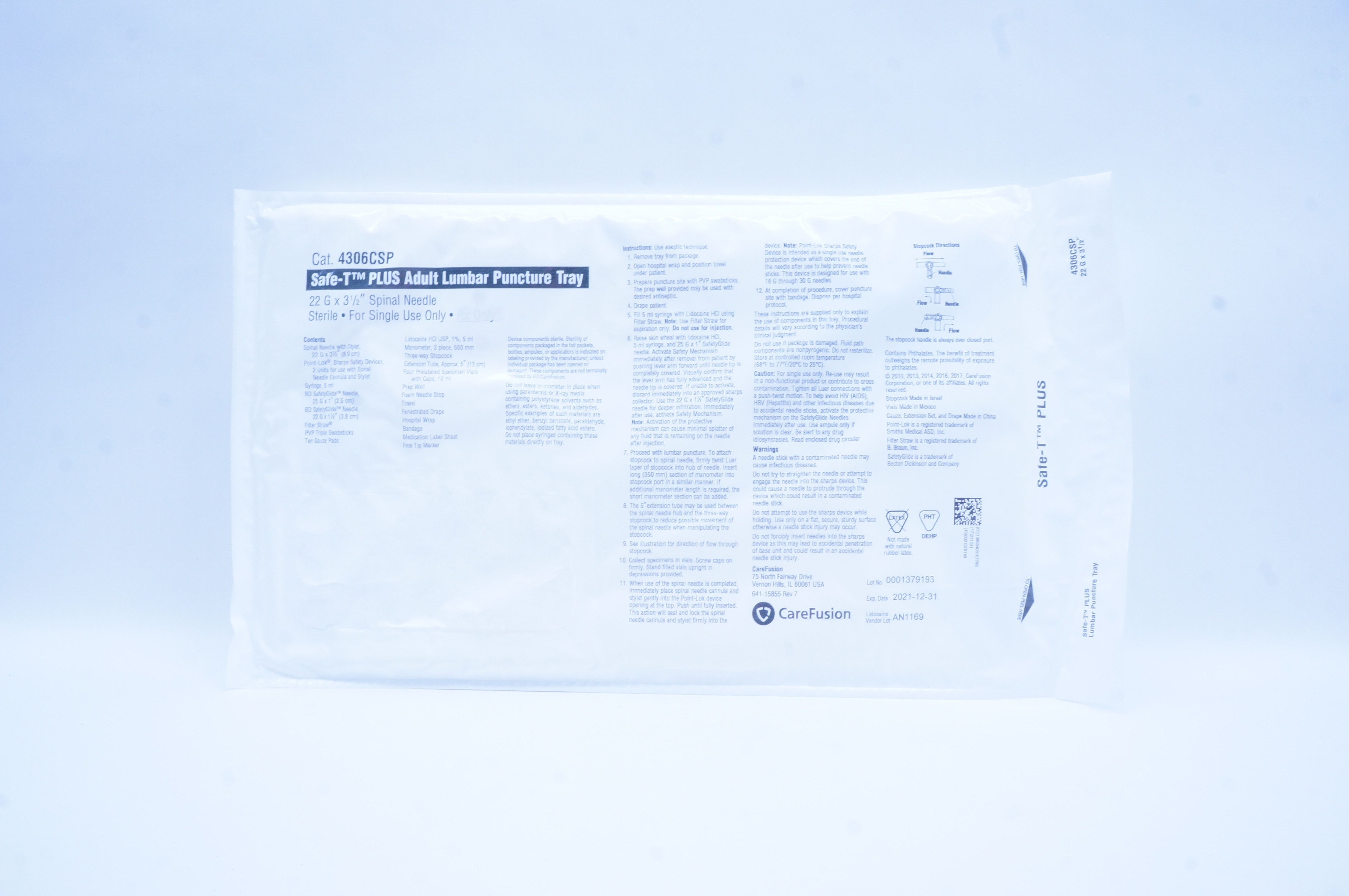 CareFusion 4306CSP SafeT Plus Adult Lumbar Puncture Tray, Ndle 22G x 3