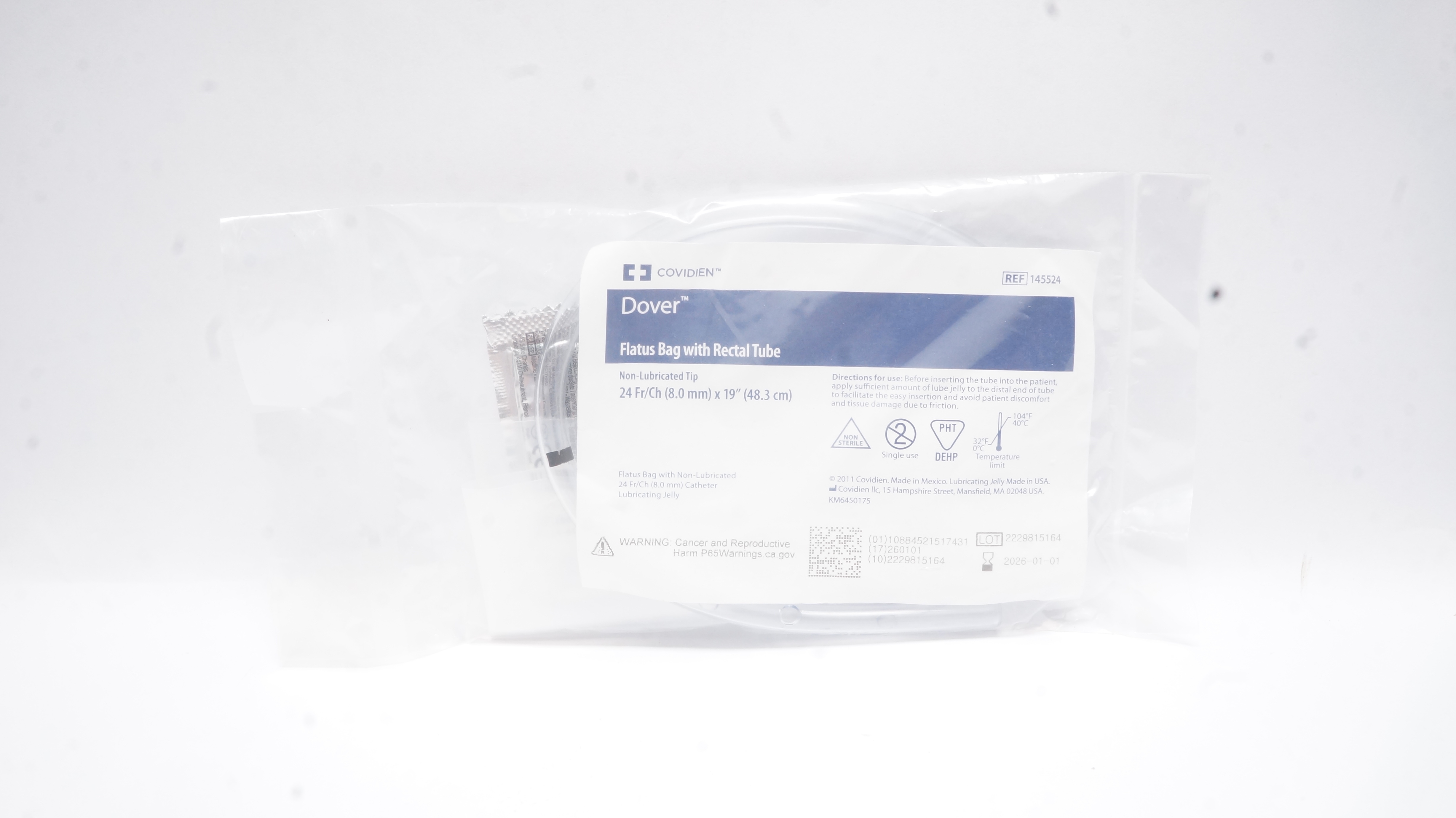 Covidien 145524 Dover Flatus Bag with Rectal Tube 24Fr/Ch x 19 inch