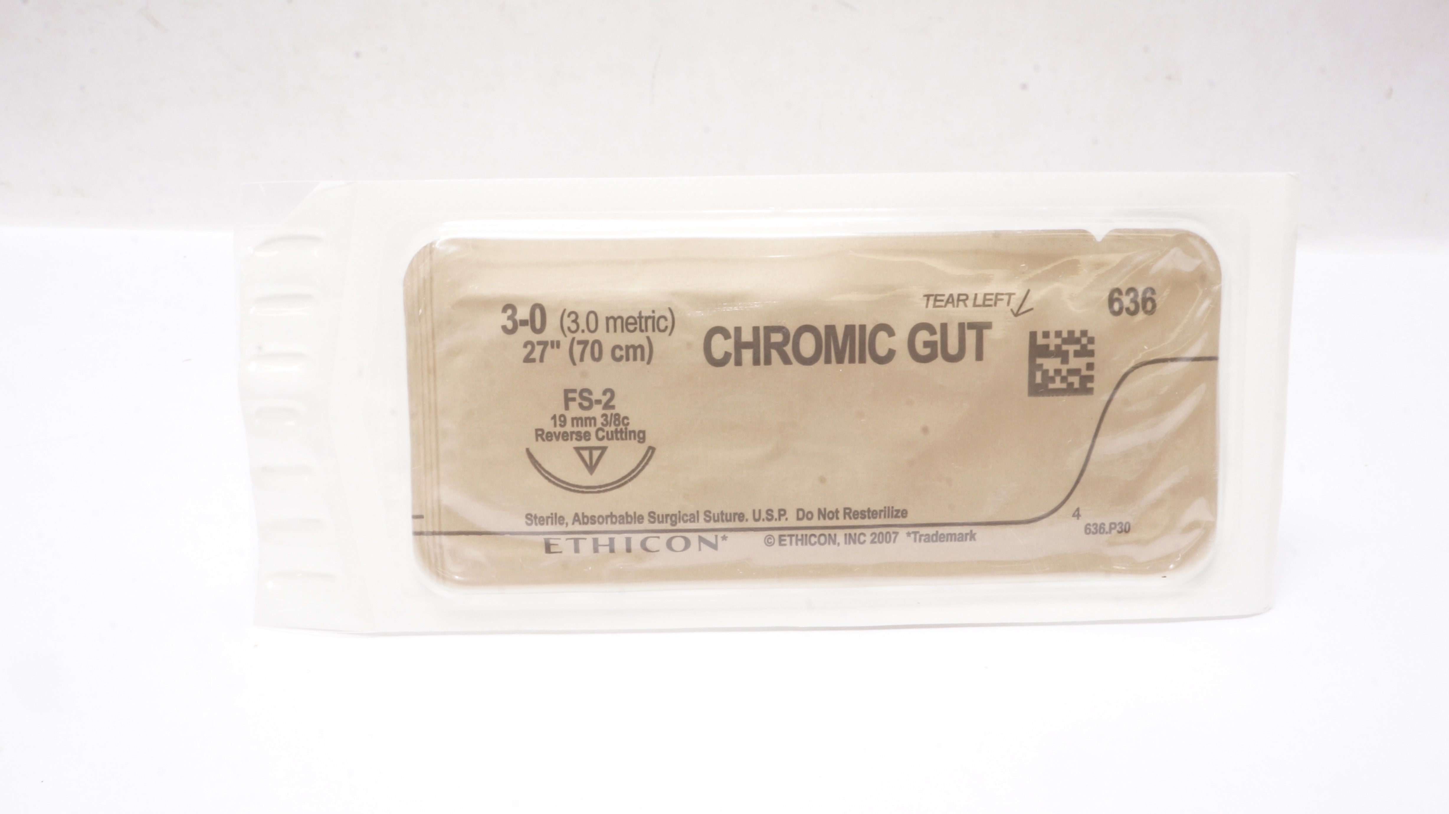 Ethicon 636 3-0 CHROMIC GUT, FS-2, 19mm 3/8c Reverse Cutting, 27inch