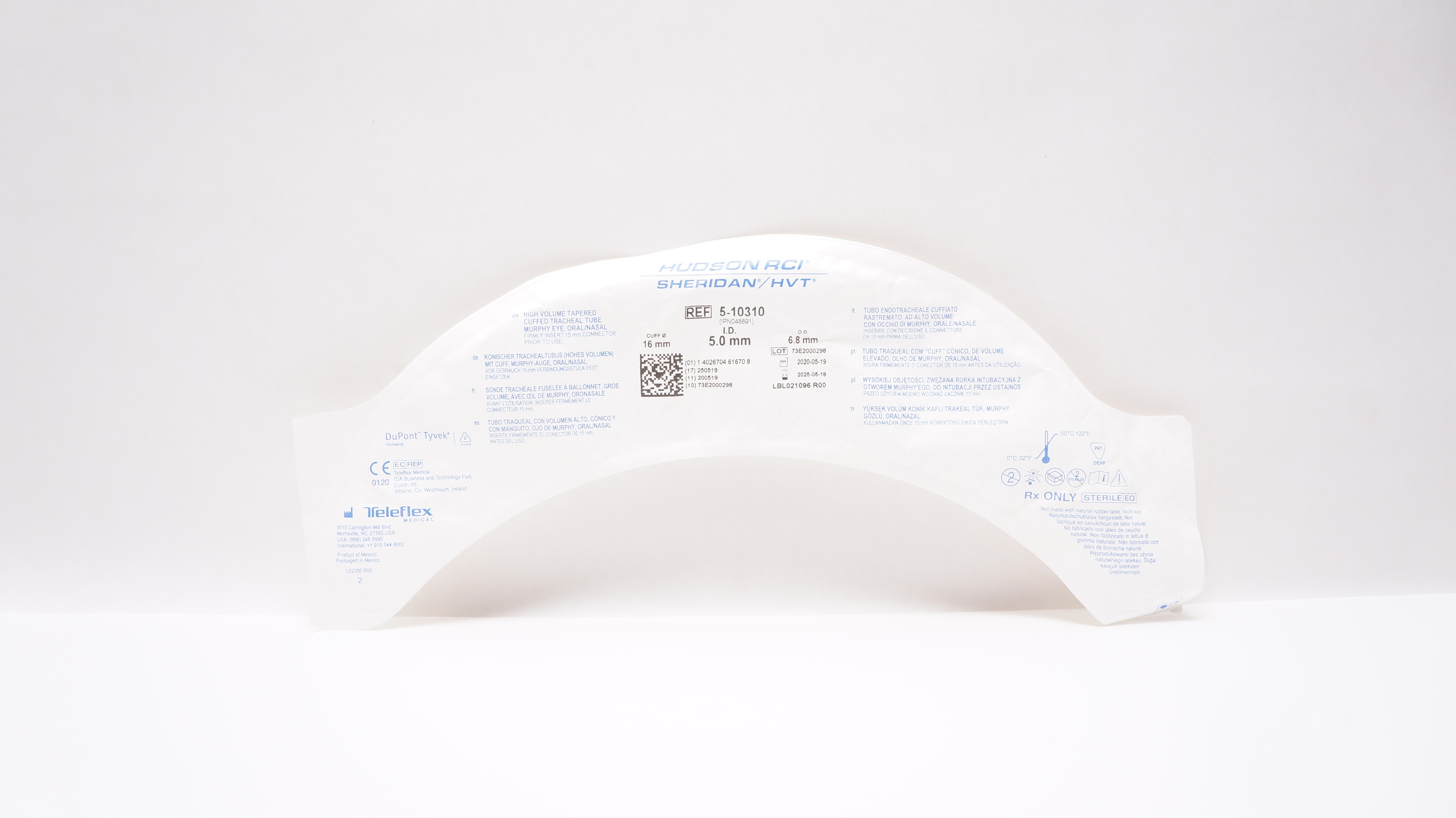 Teleflex 5-10310 Hudson RCI Sheridan Cuffed Tracheal Tube 5.0ID x 6.8OD x 16mm