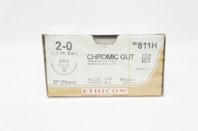 Ethicon 811H 2-0 CHROMIC GUT Stre CT-1, 36mm 1/2c Taperpoint, 27inch - Box of 36