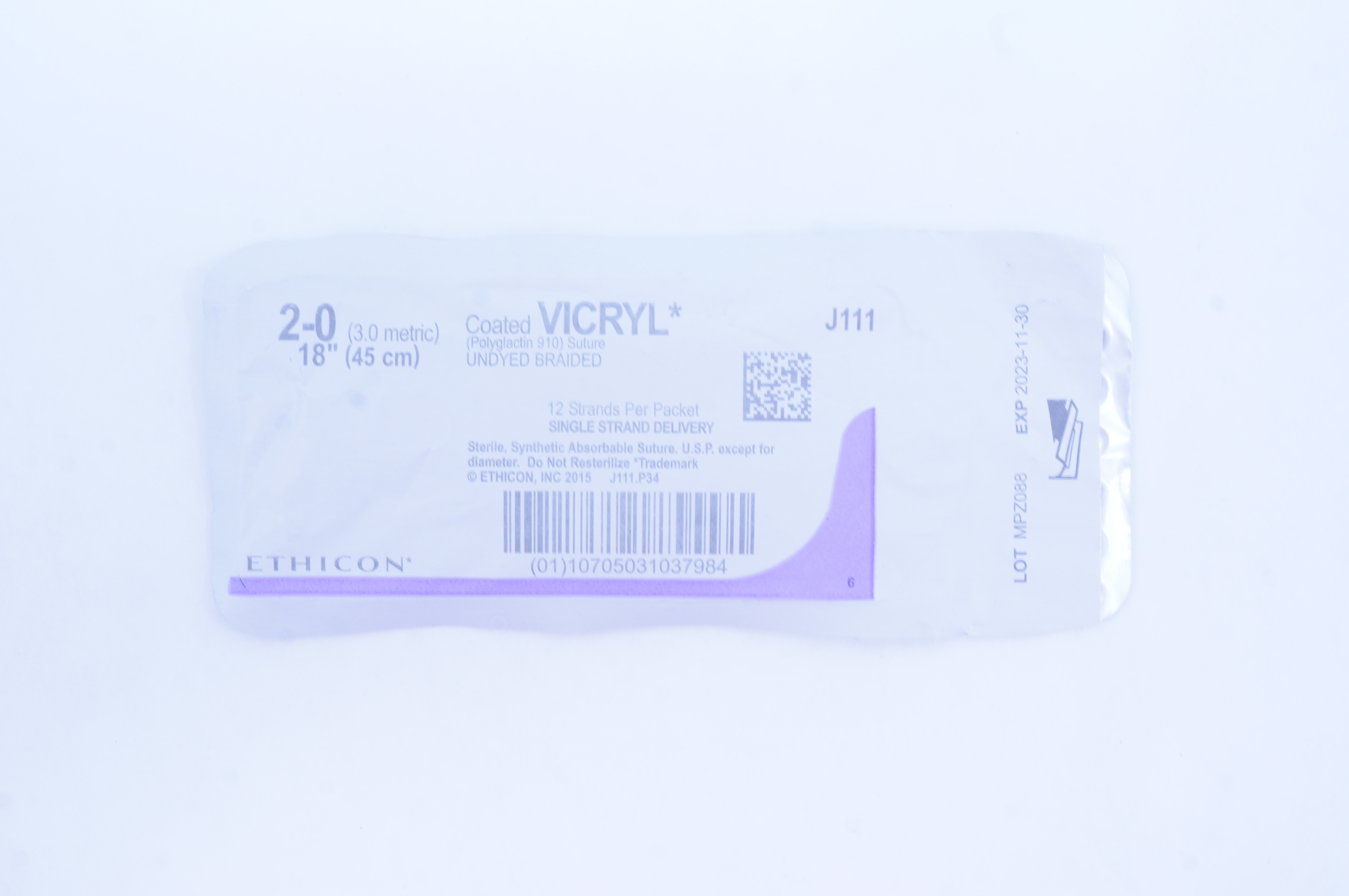 Ethicon J111 2-0 Coated VICRYL (Polyglactin 910) Stre 12 Strands, 18 inch (x)