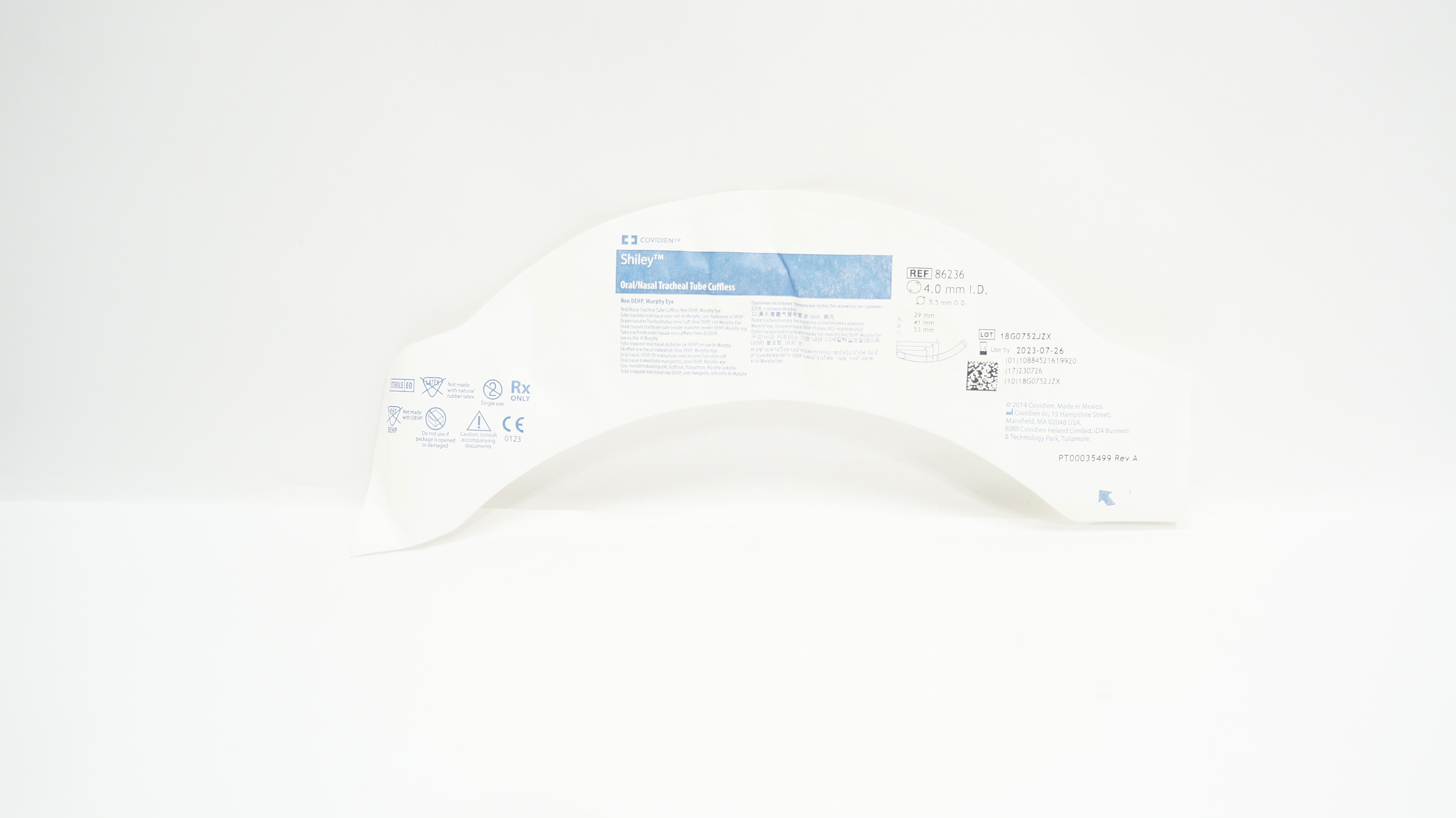 Covidien 86236 Shiley Oral/Nasal Tracheal Tube Cuffless 4.0m ID x 5.5mm OD (x)