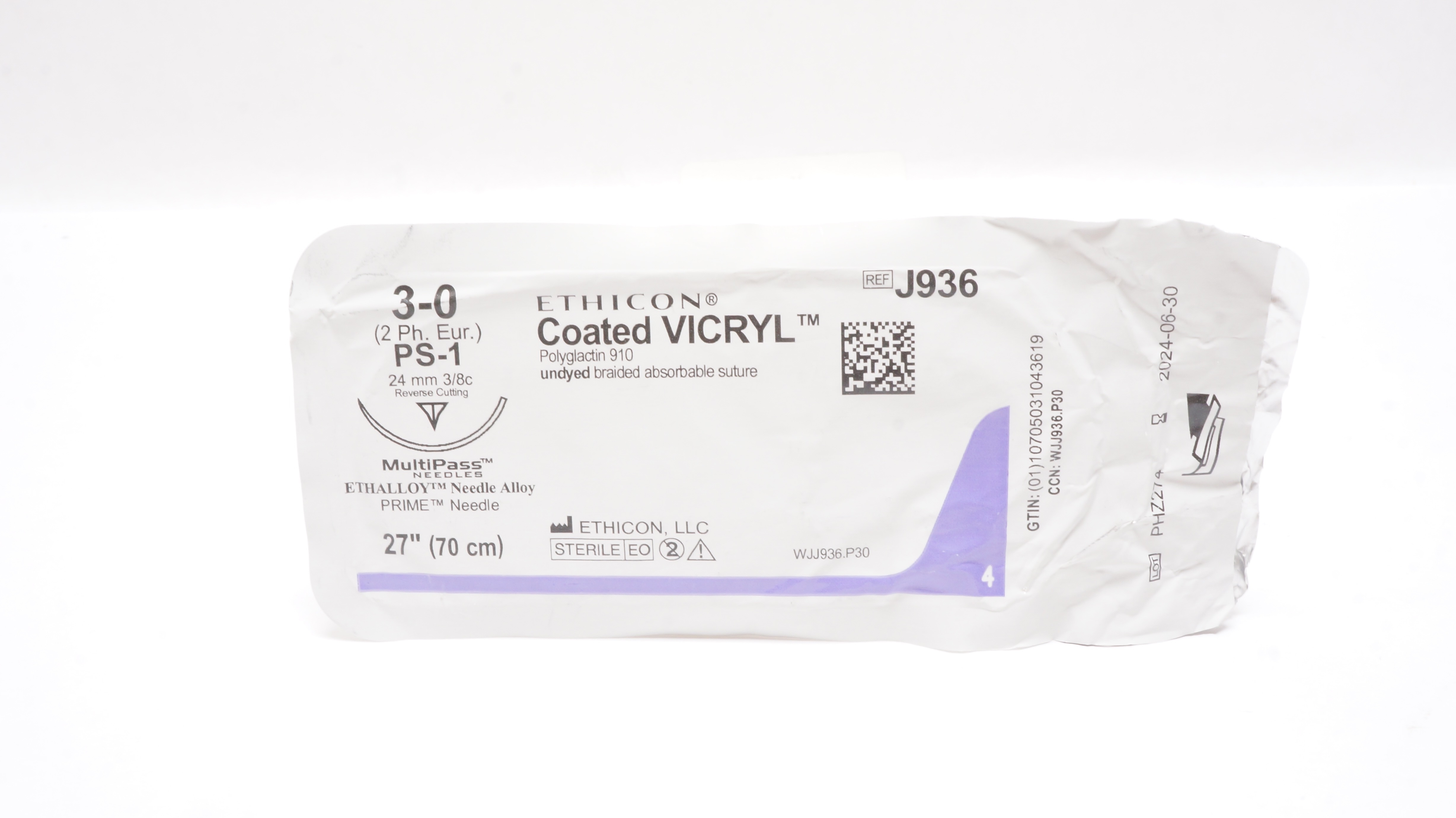 Ethicon J936 3-0 Vicryl, PS-1, 24mm 3/8c Reverse Cutting, 27inch