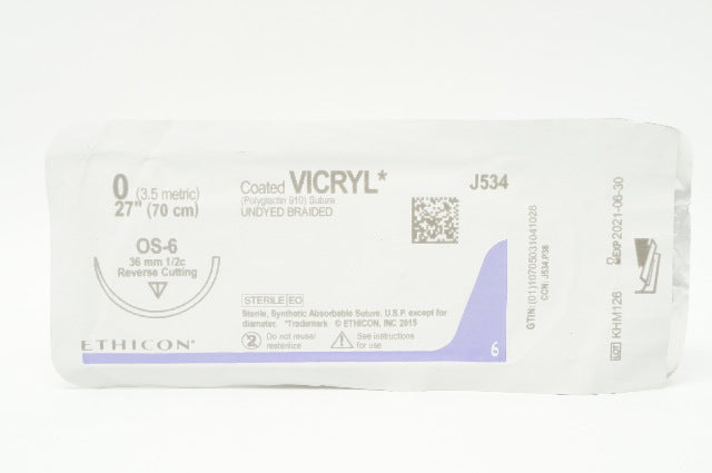 Ethicon J534 0 Vicryl OS-6 36mm 1/2c Reverse Cutting, 27inch (x)