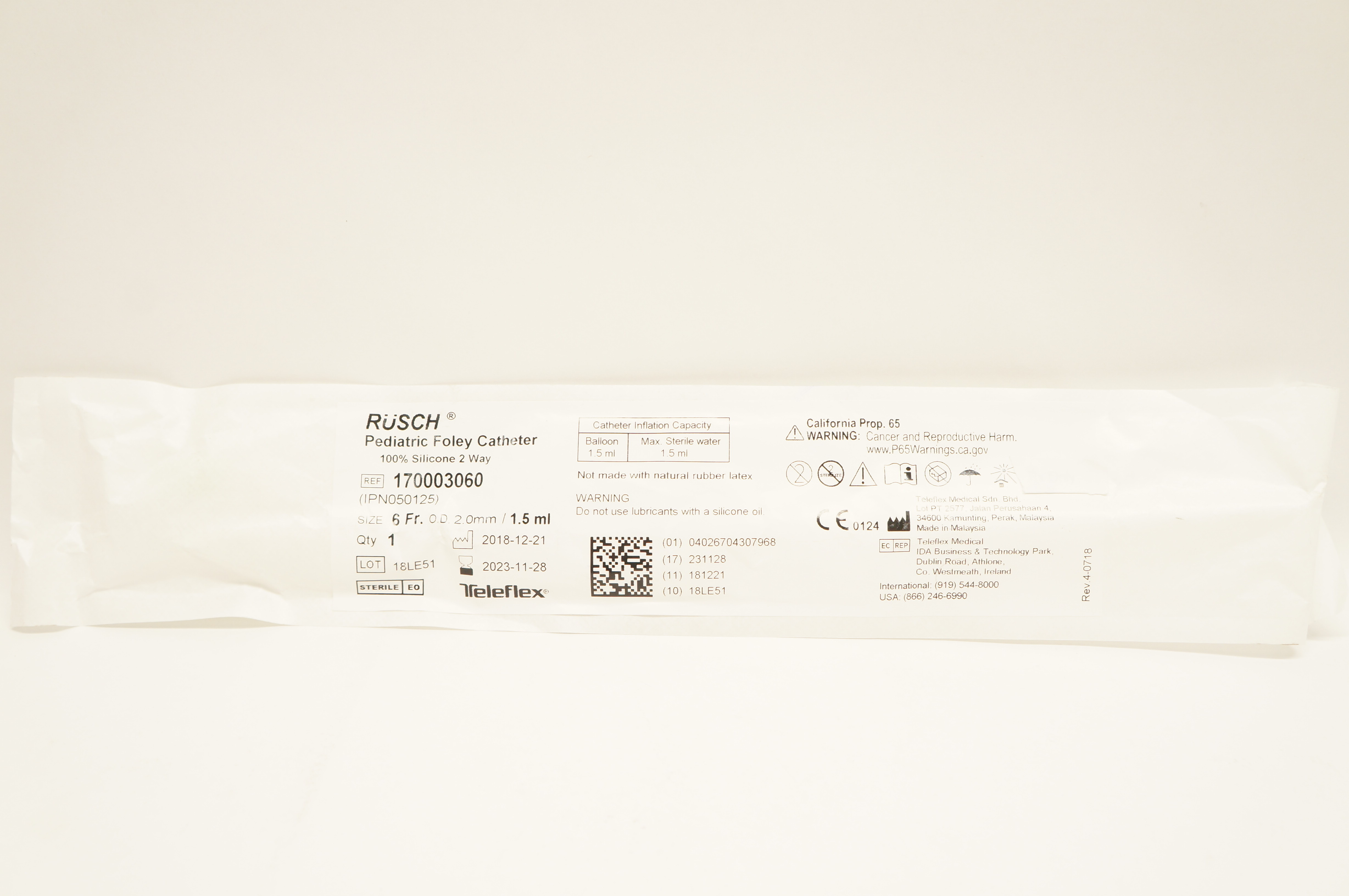 Teleflex 170003060 RUSCH Pediatric Foley Cath. 6Fr x 2.0mm O.D. x 1.5ml