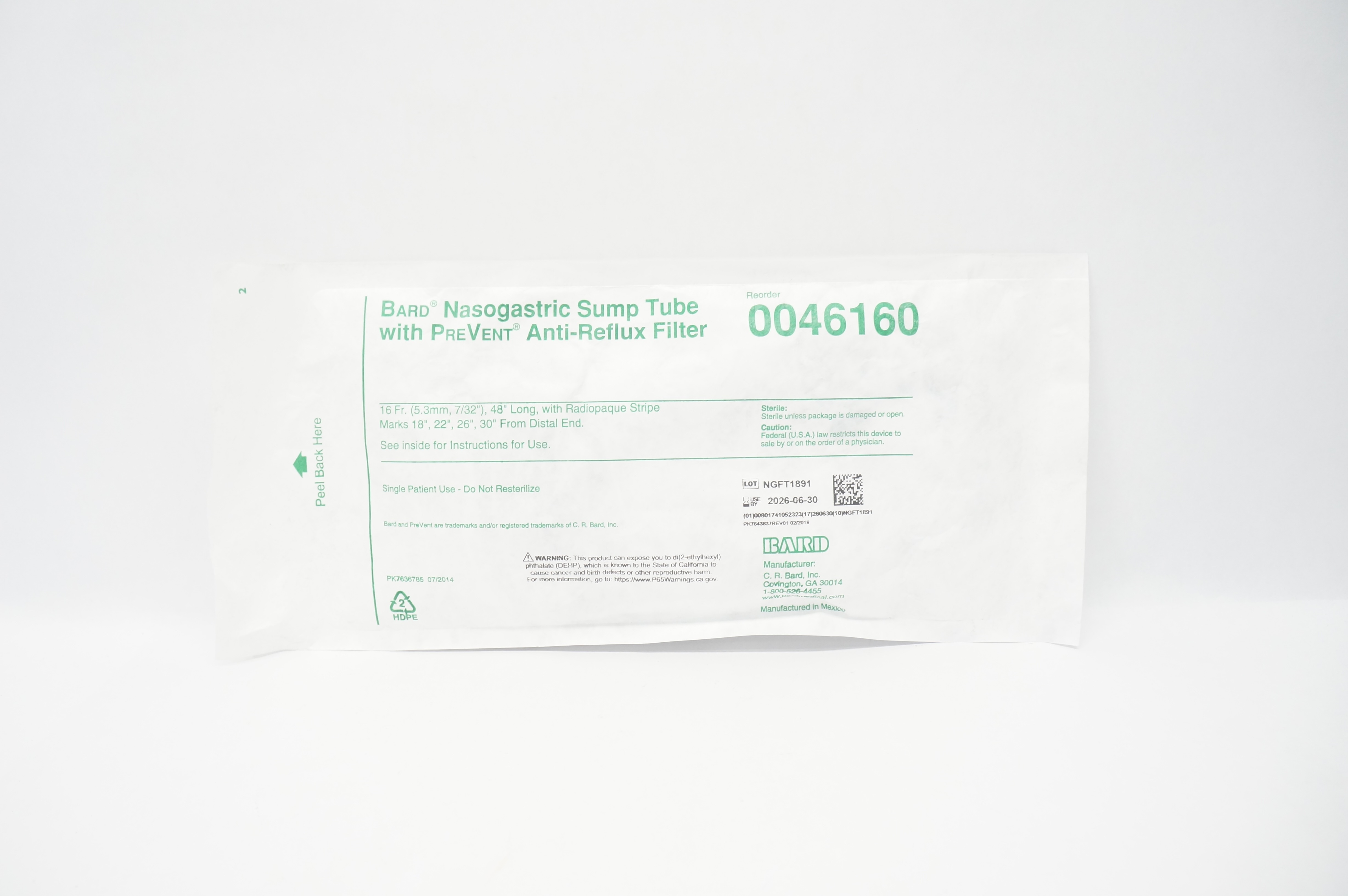 Bard 0046160 Nasogastric Sump Tube w/PreVent Anti-Reflux Filter 16Fr. x 48inch