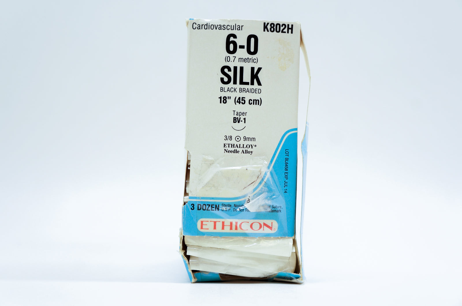 Ethicon K802H 6-0 SILK, BV-1, 9mm 3/8c, ETHALLOY Ndle Alloy, 18in (x)~ Box of 36