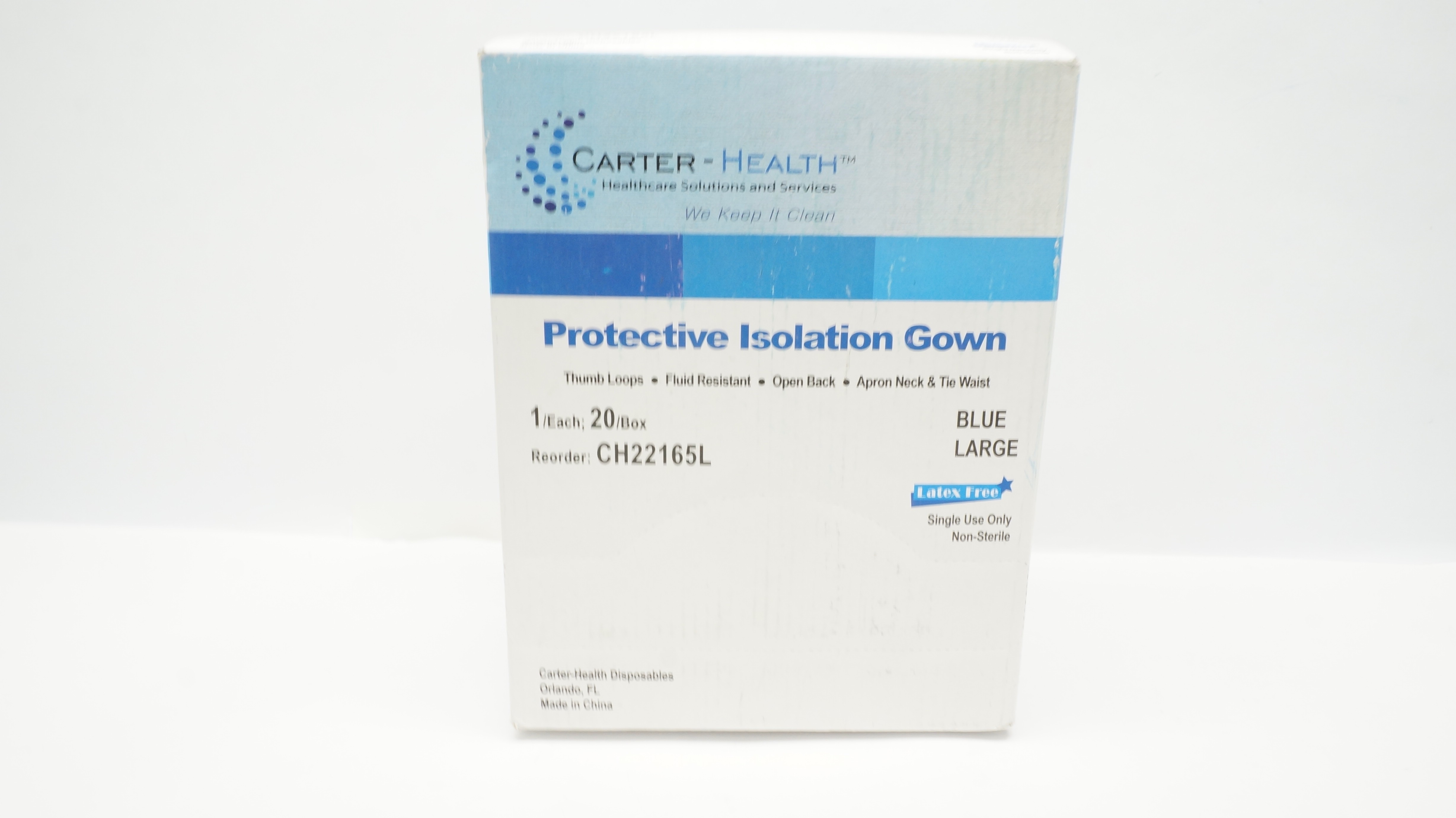 Carter-Health CH22165L Protective Isolation Gown Blue, Large - Box of 20