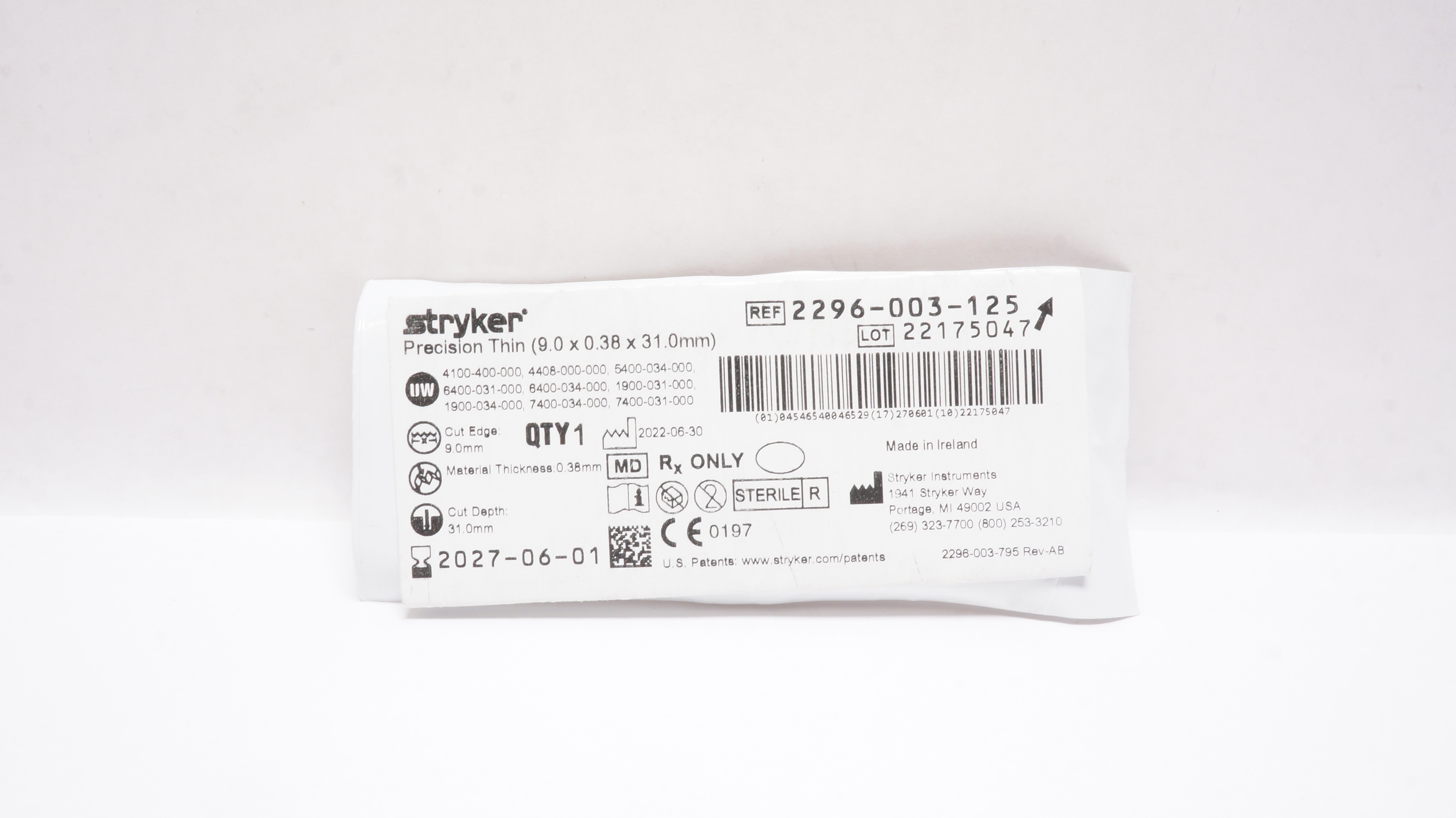 Stryker 2296-003-125  Precision Thin 9.0 x 0.38 x 31.0