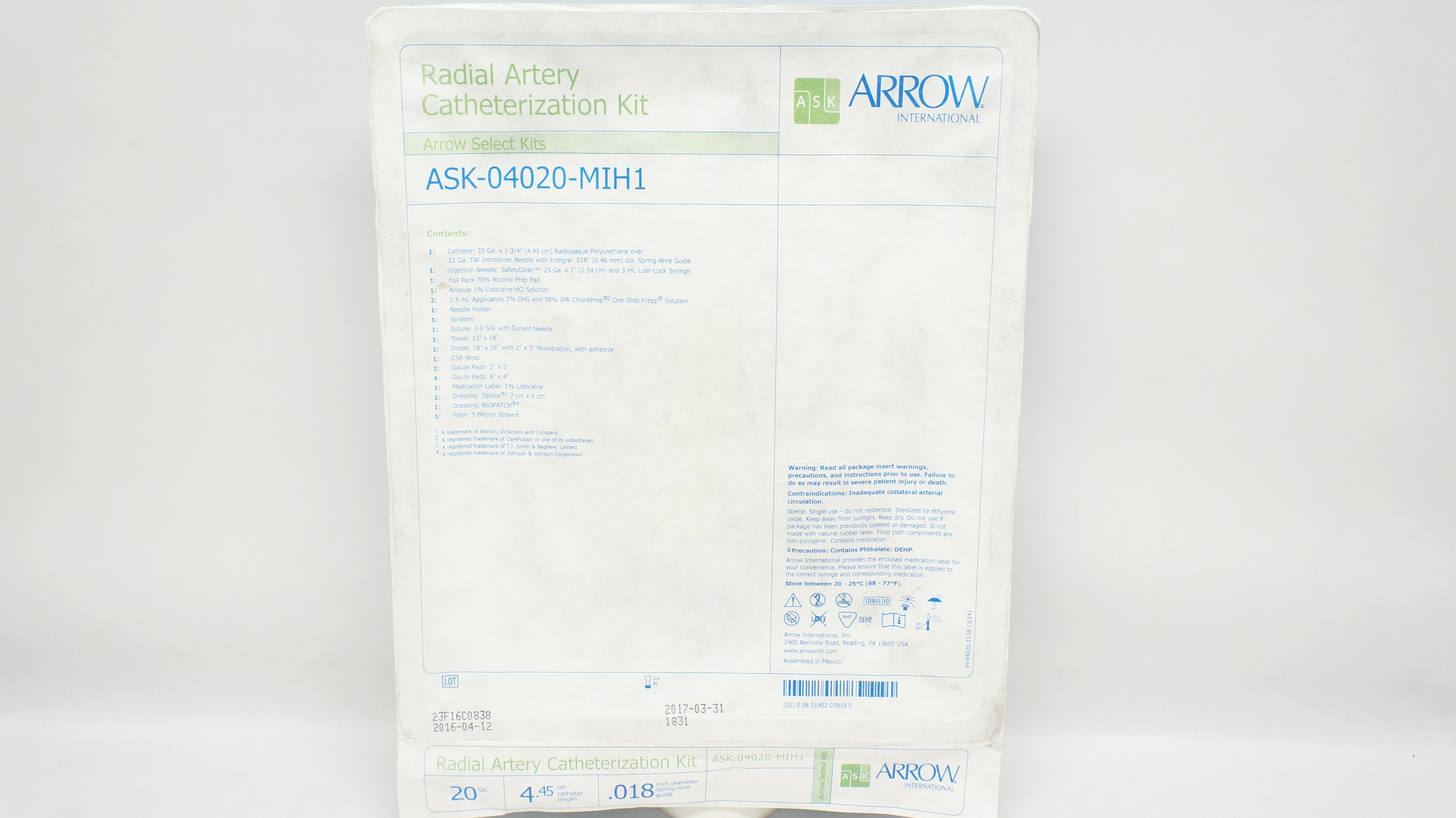 Arrow ASK-04020-MIH1 Radial Artery Catheterization Kit 20Ga x4.45cm x .018in.(x)
