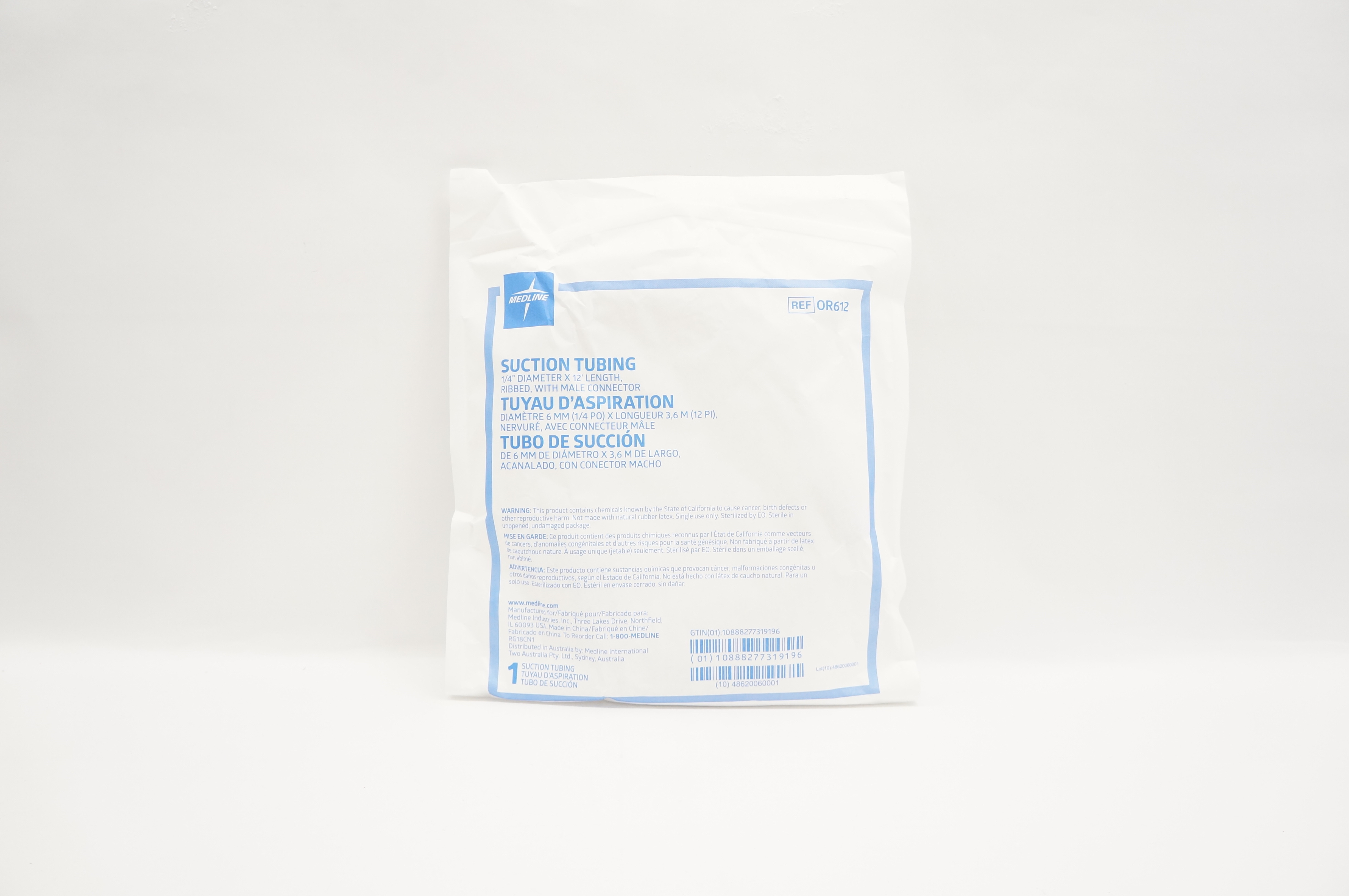 Medline OR612 Suction Tubing 1/4 inch x 12Ft. Ribbed, with Male Connector