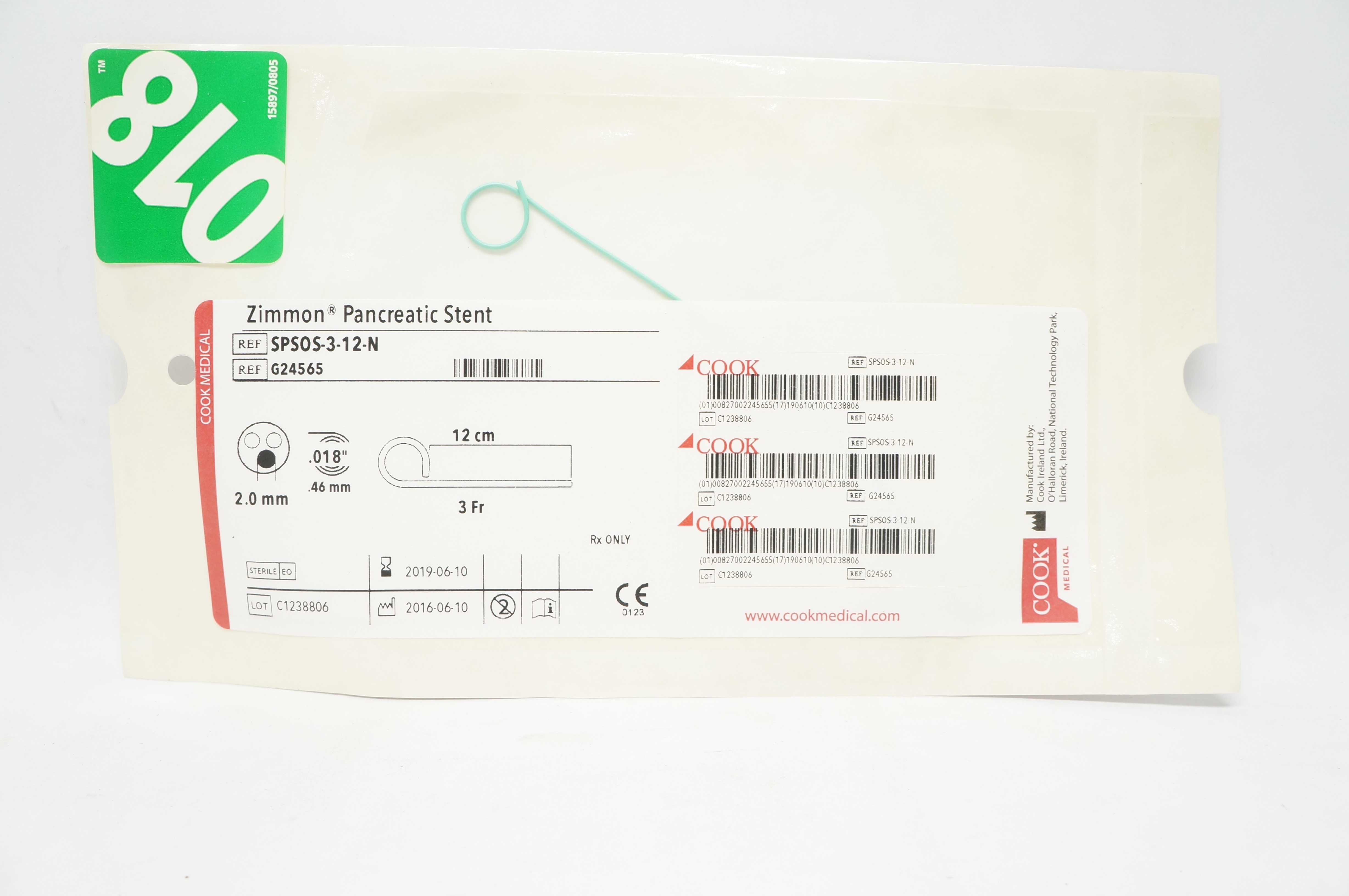 Cook Medical G24565 Zimmon Pancreatic Stnt 3Fr x 12cm x 0.018inch (x)