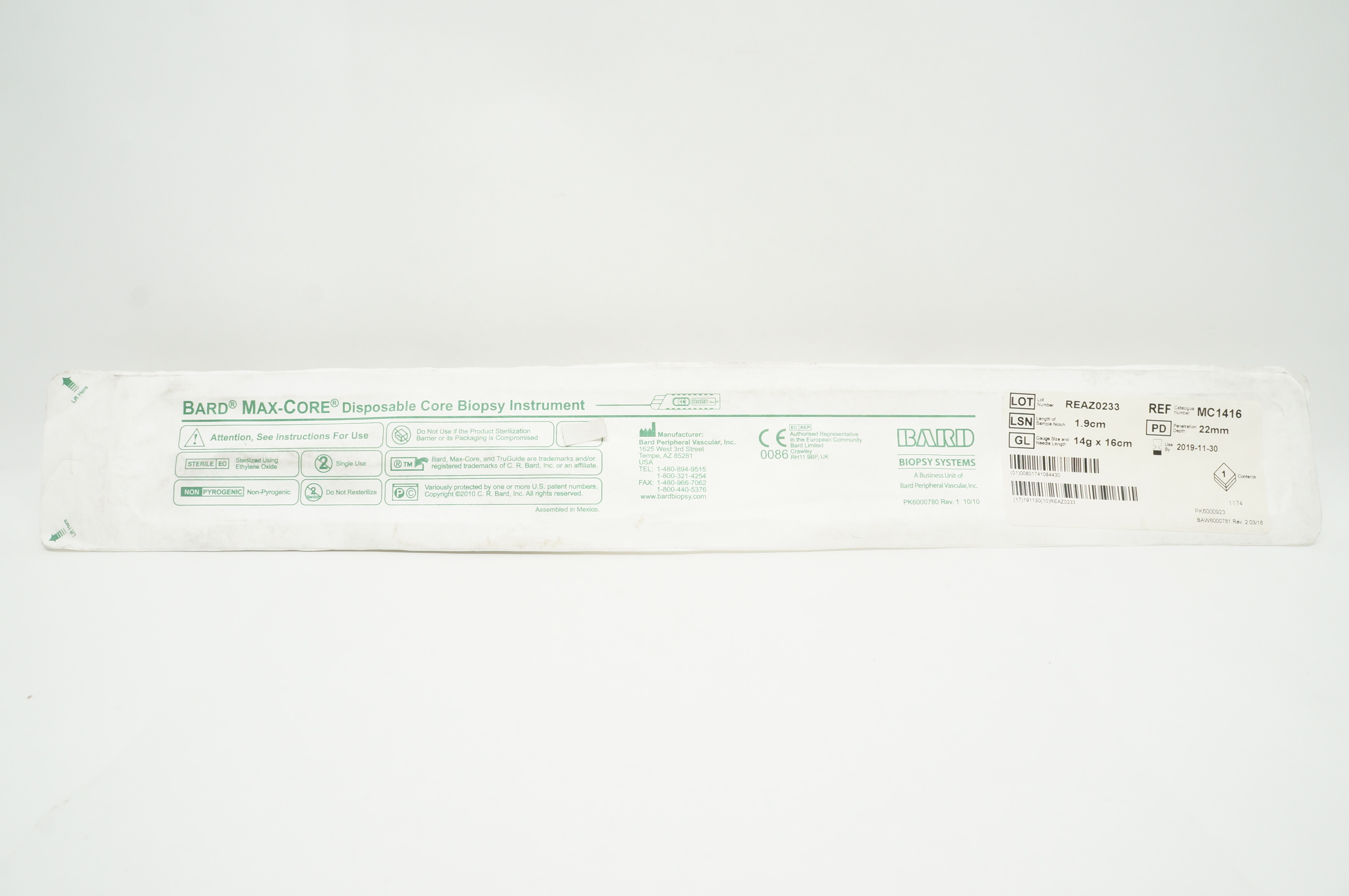Bard MC1416 MAX-CORE Disposable Core Biopsy Instrument 14G x 16cm (x)