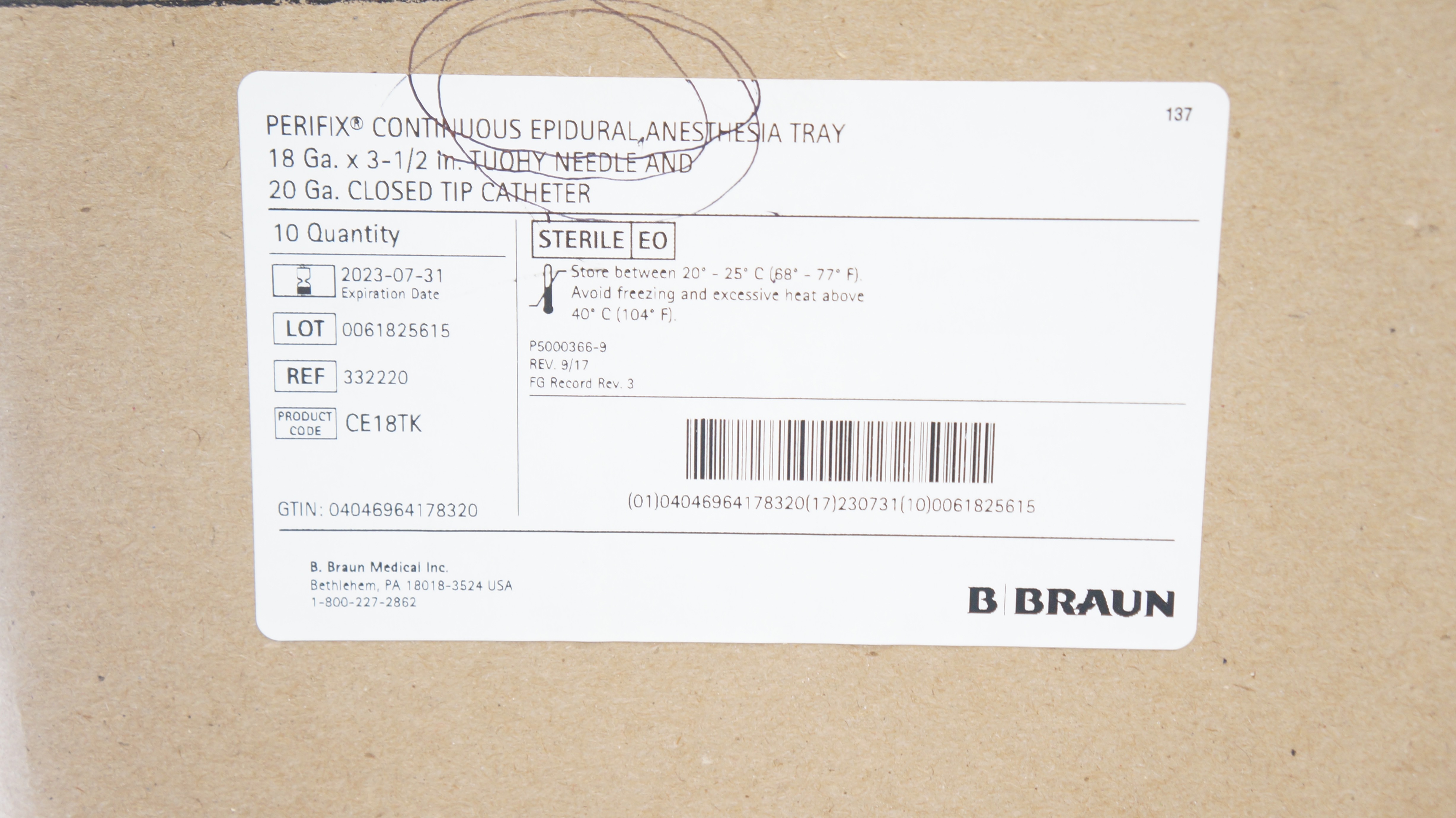 Braun 332220 Perifix Epidural Anesthesia Tray 18Ga x 3-1/2inch 20Ga(x)-Box of 10