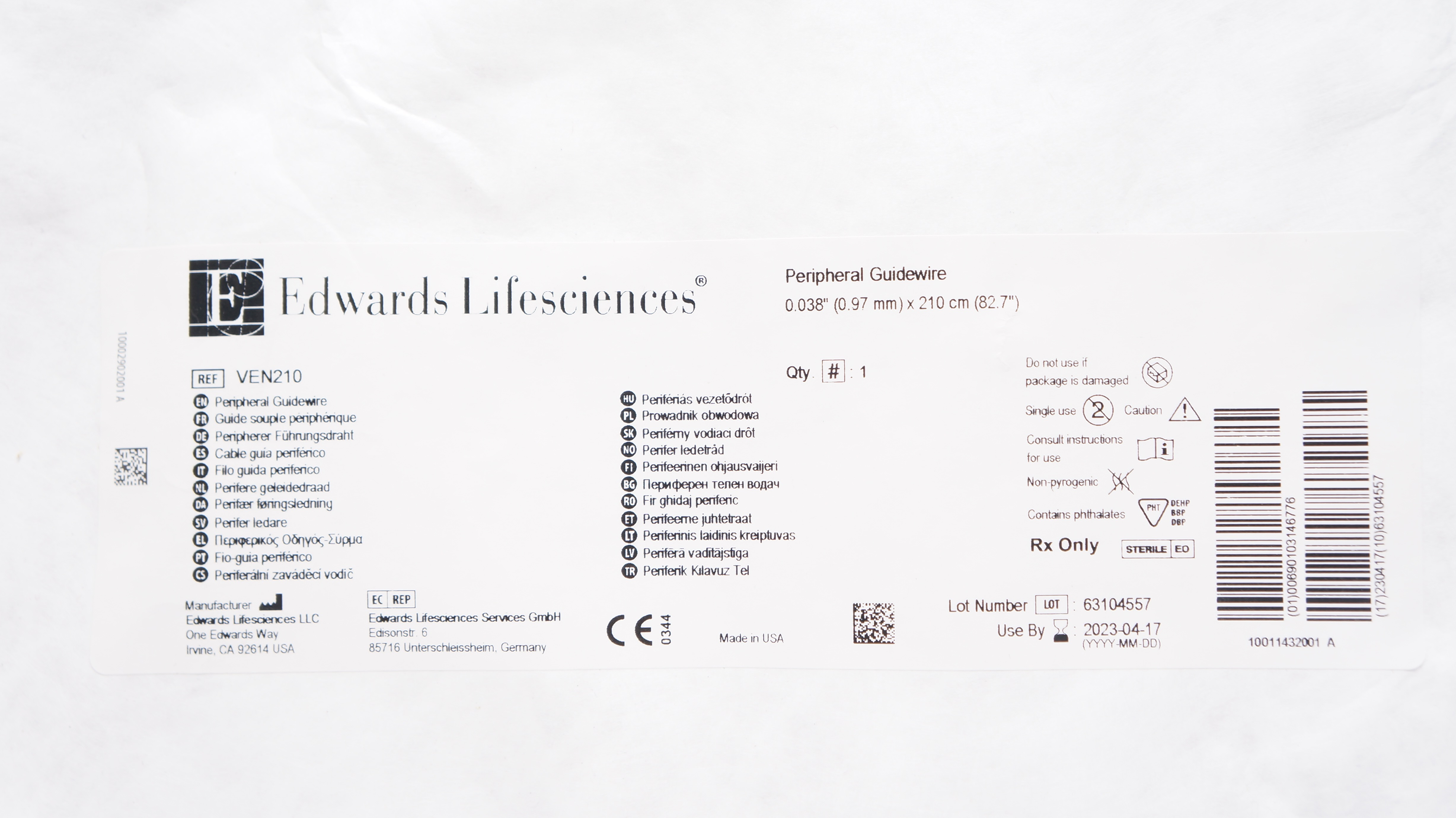 Edwards Lifesciences VEN210 Peripheral Guidewire 0.038inch x 210cm (x)