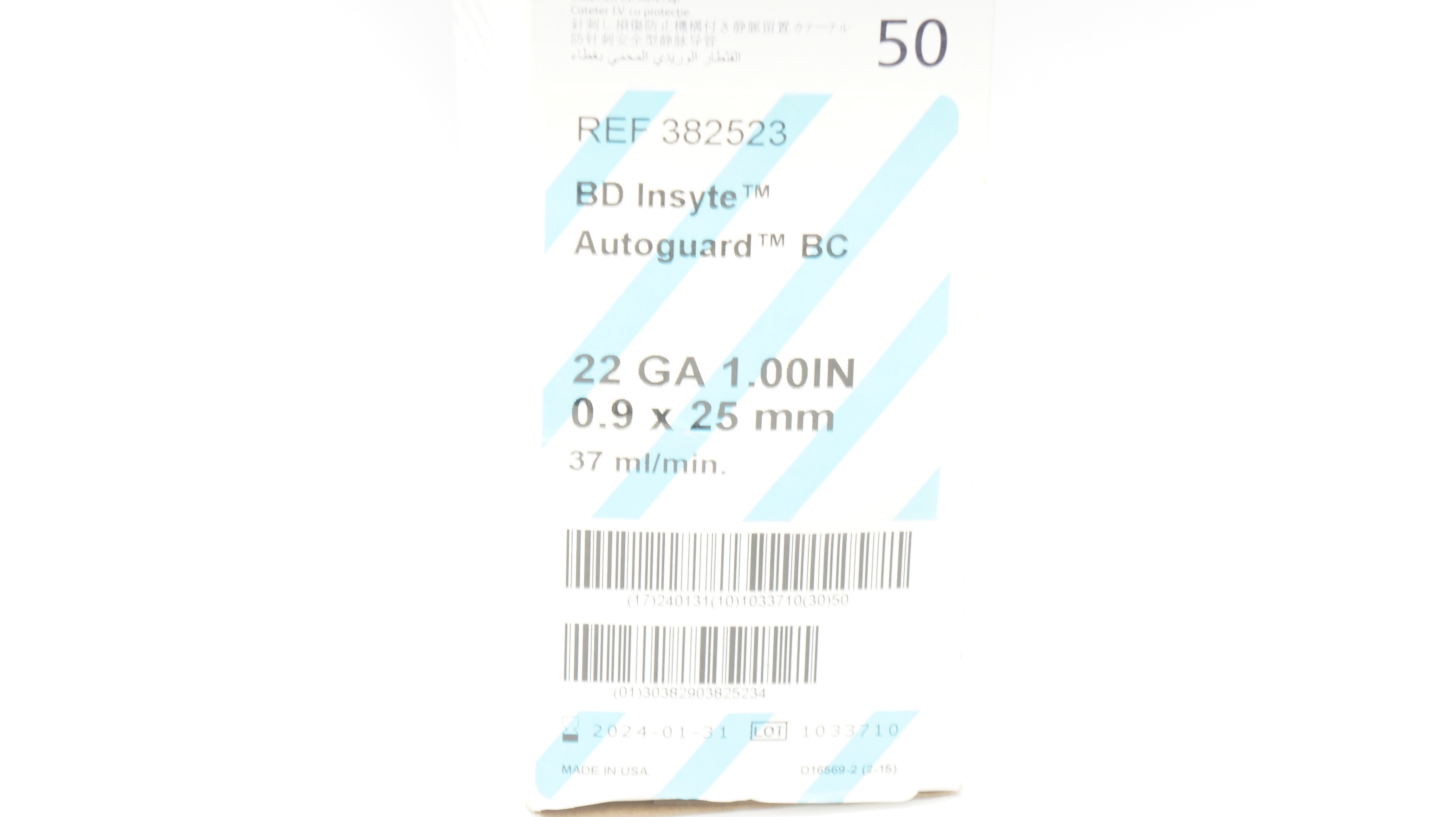 BD 382523 Insyte Autoguard BC Shielded I.V. Cath. 22Ga x 1.0inch (x) - Box of 50