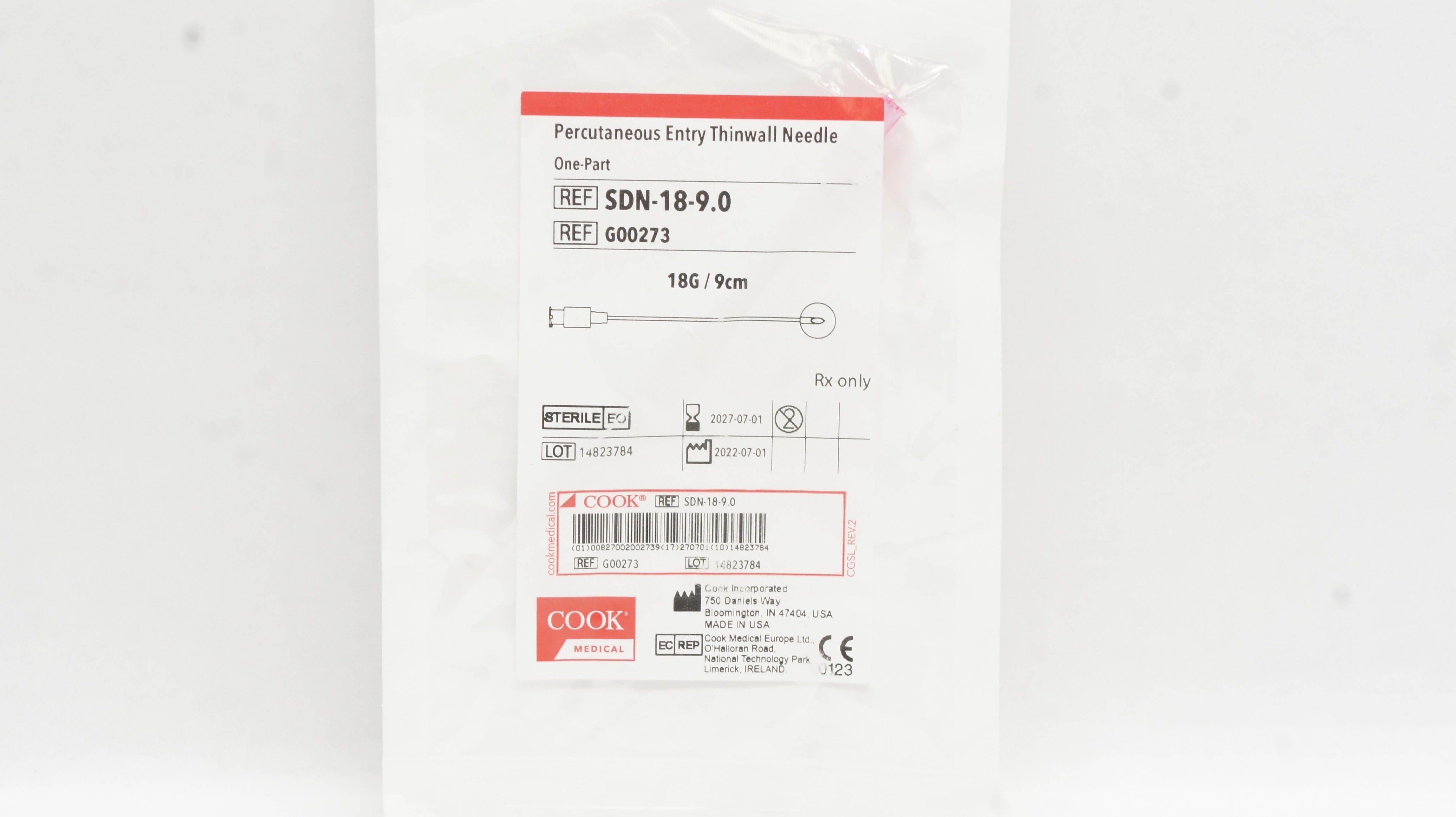 Cook Medical G00273 One-Part Percutaneous Entry Thinwall Ndle 18G / 9cm