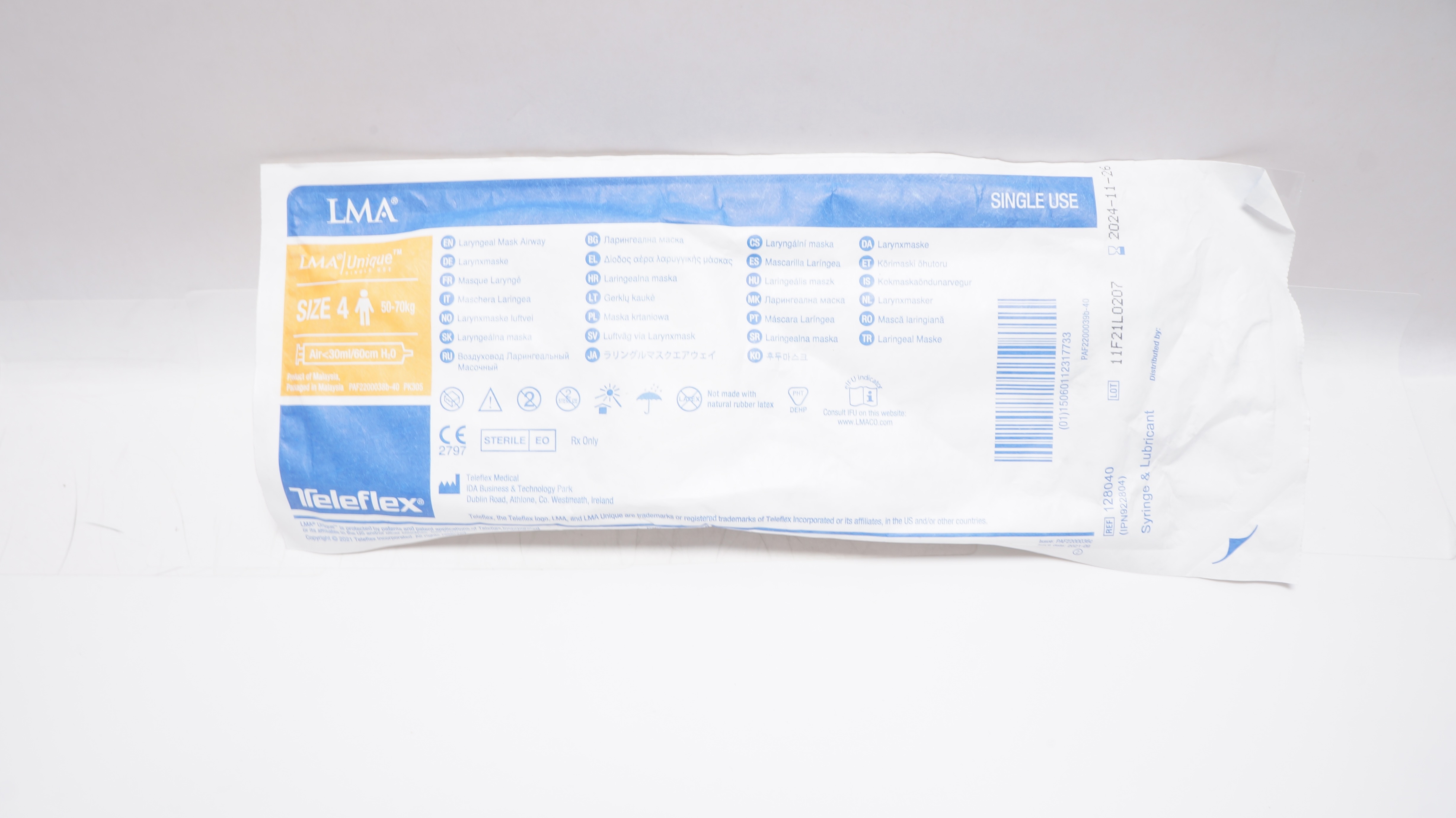 Teleflex 128040 LMA Unique Laryngeal Mask Airway Size4 50-70kg Air<30ml/60cm H2O