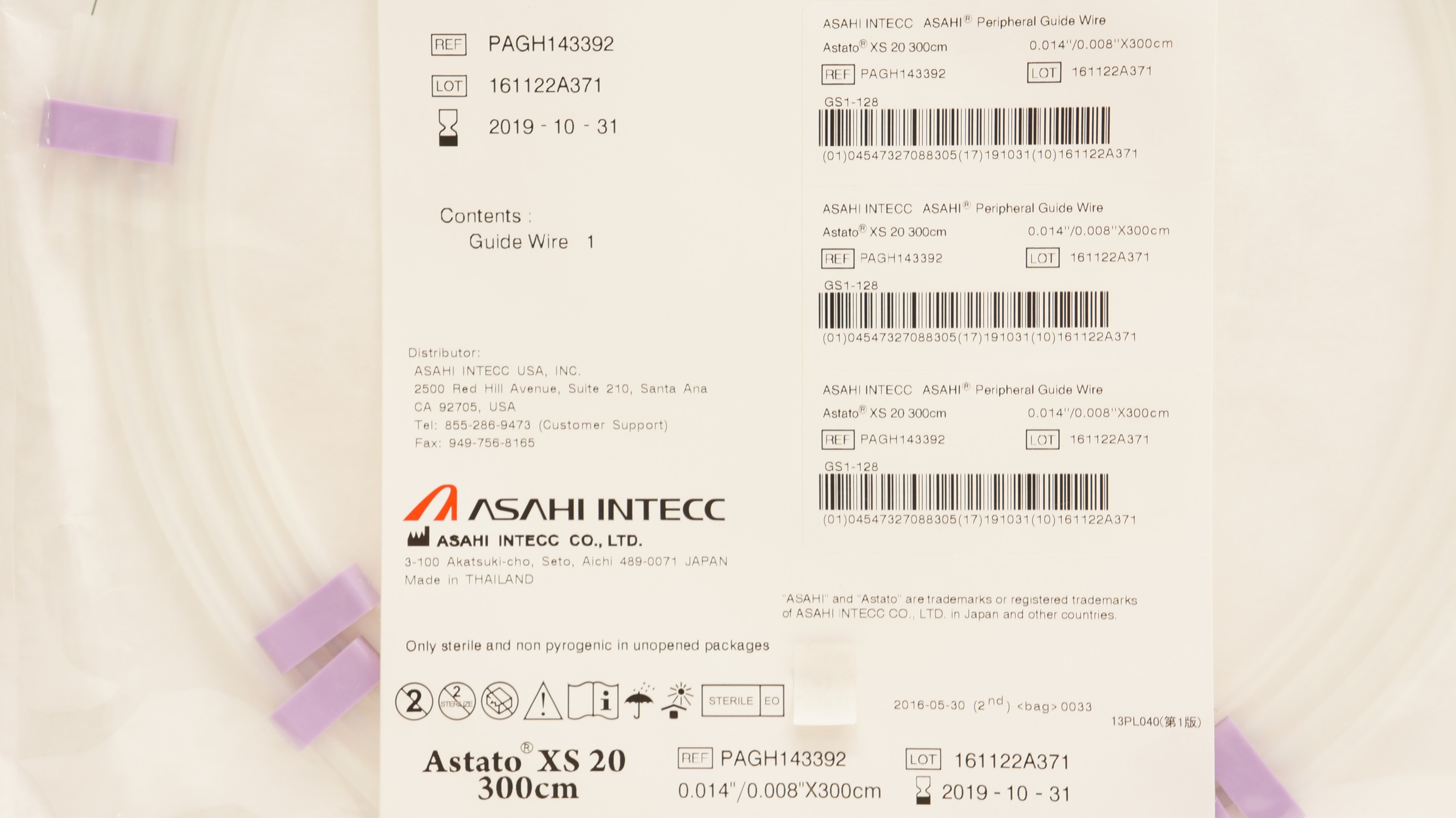 Asahi PAGH143392 Astato XS, PTCA Guide Wire 0.014inch x 300cm (x)