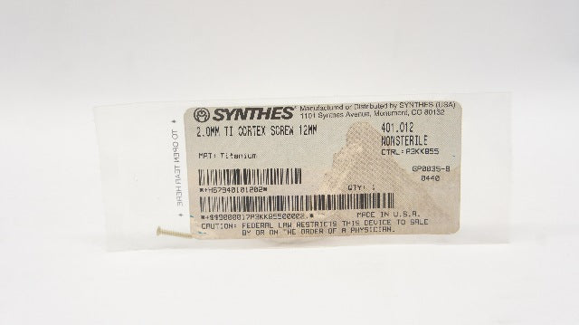 Synthes 401.012 2.0mm Titanium Cortex Screw 12mm