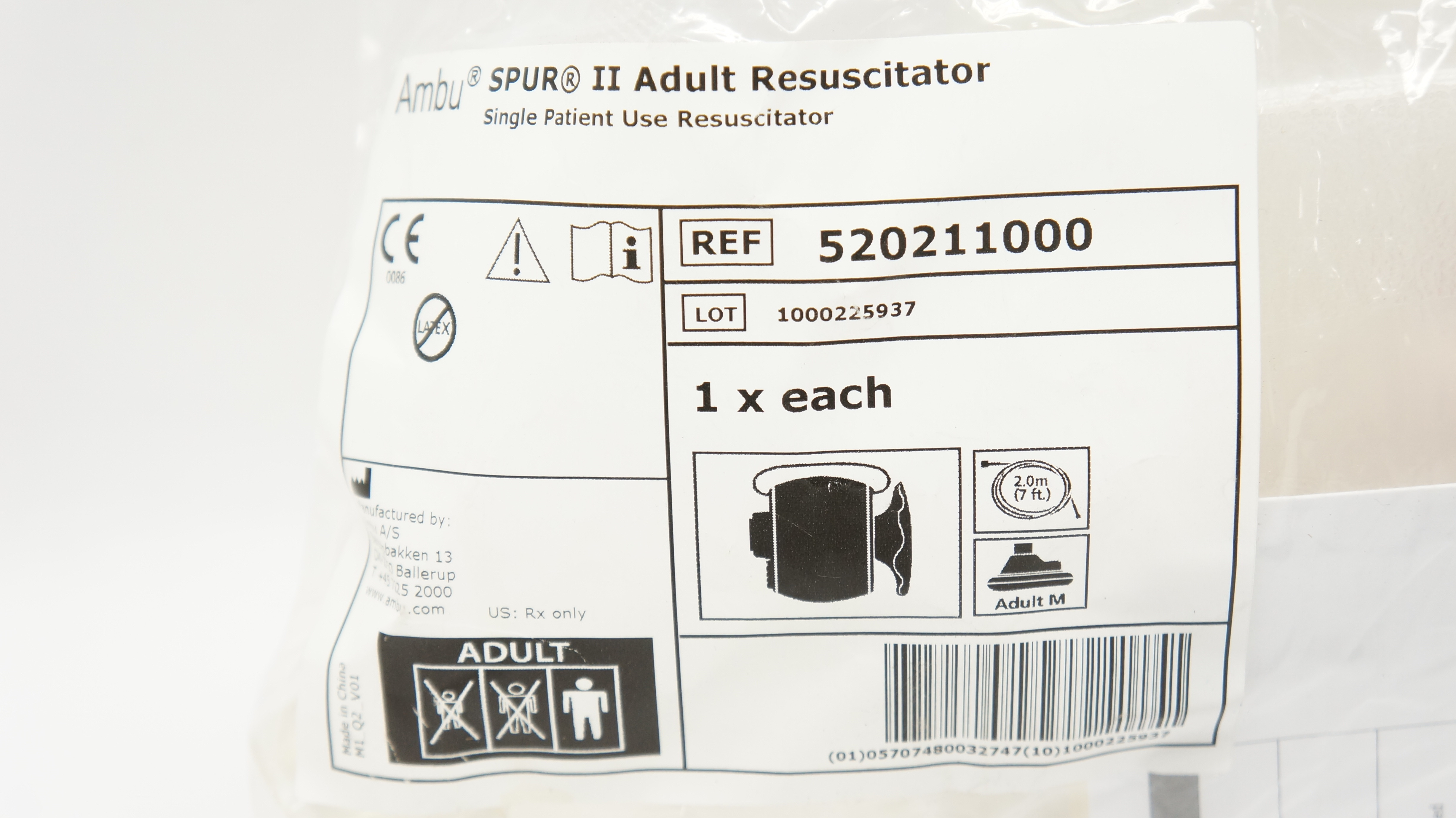 AMBU 520211000 Spur II Adult Resuscitator, Medium 7ft.