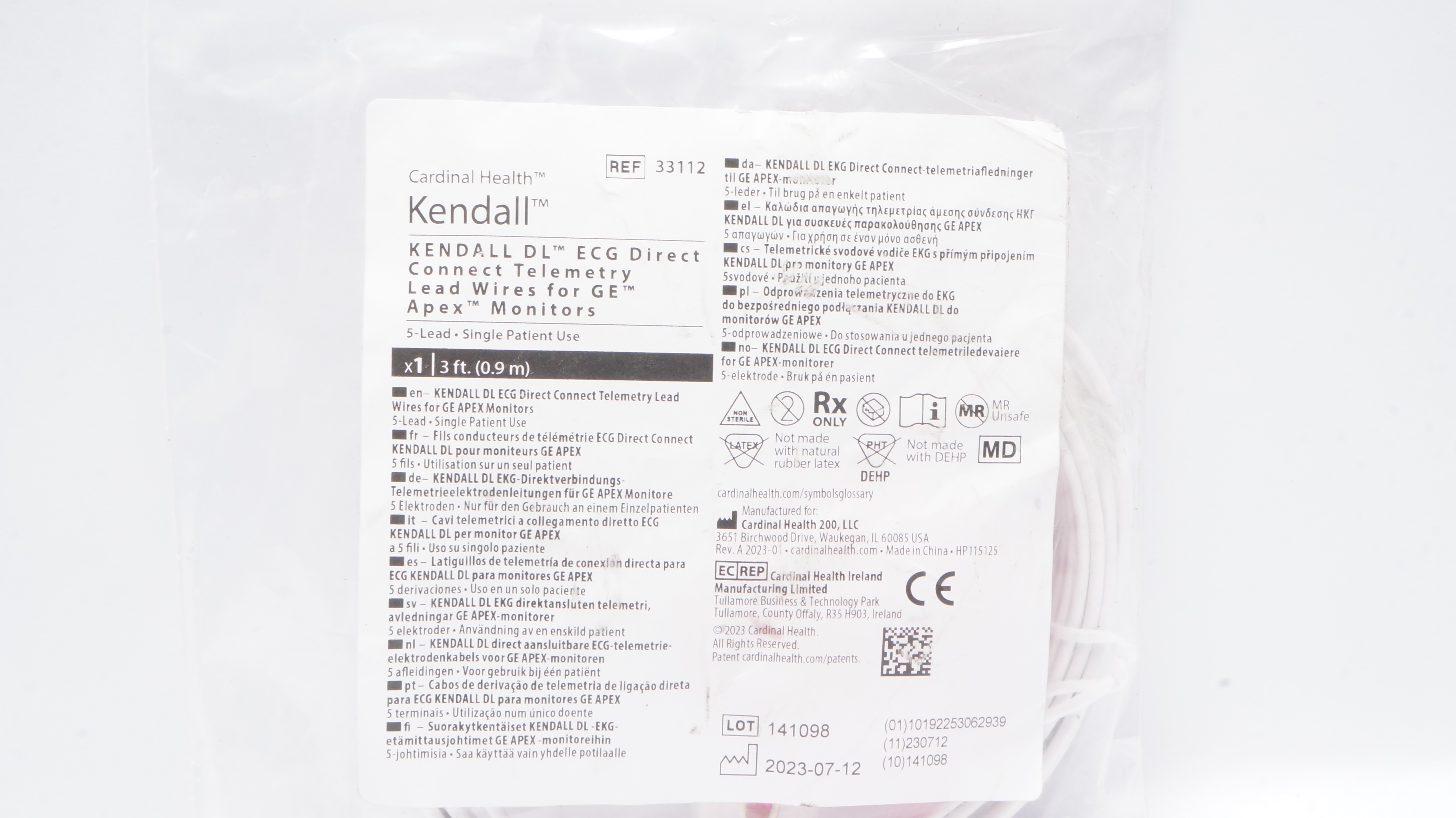 Cardinal Health 33112 Kendall DL ECG Direct Connect Telemetry Lead Wires 3ft.