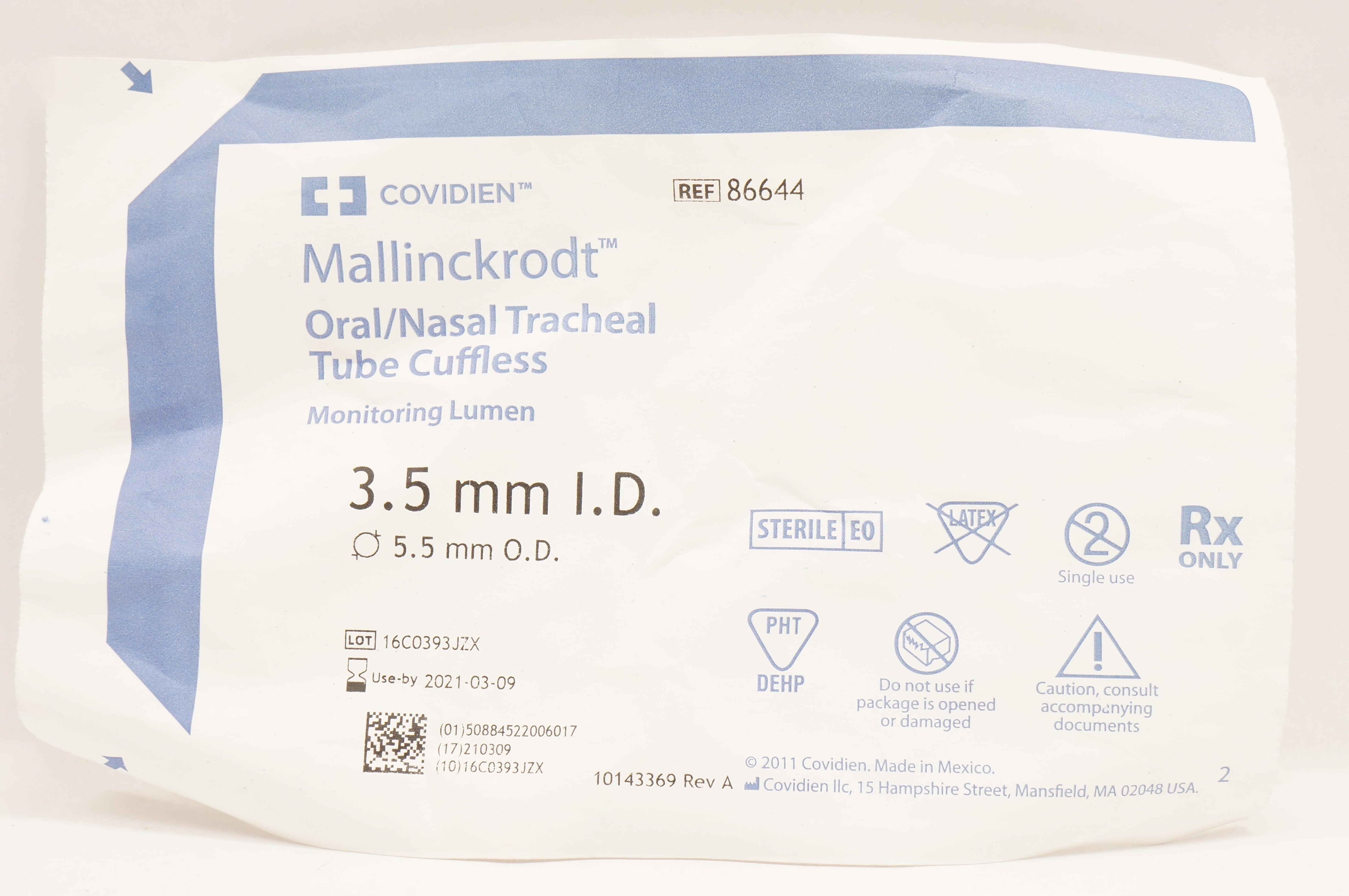 Covidien 86644 Mallinckrodt Oral/Nasal Tracheal Tube Cuffless 3.5mm x 5