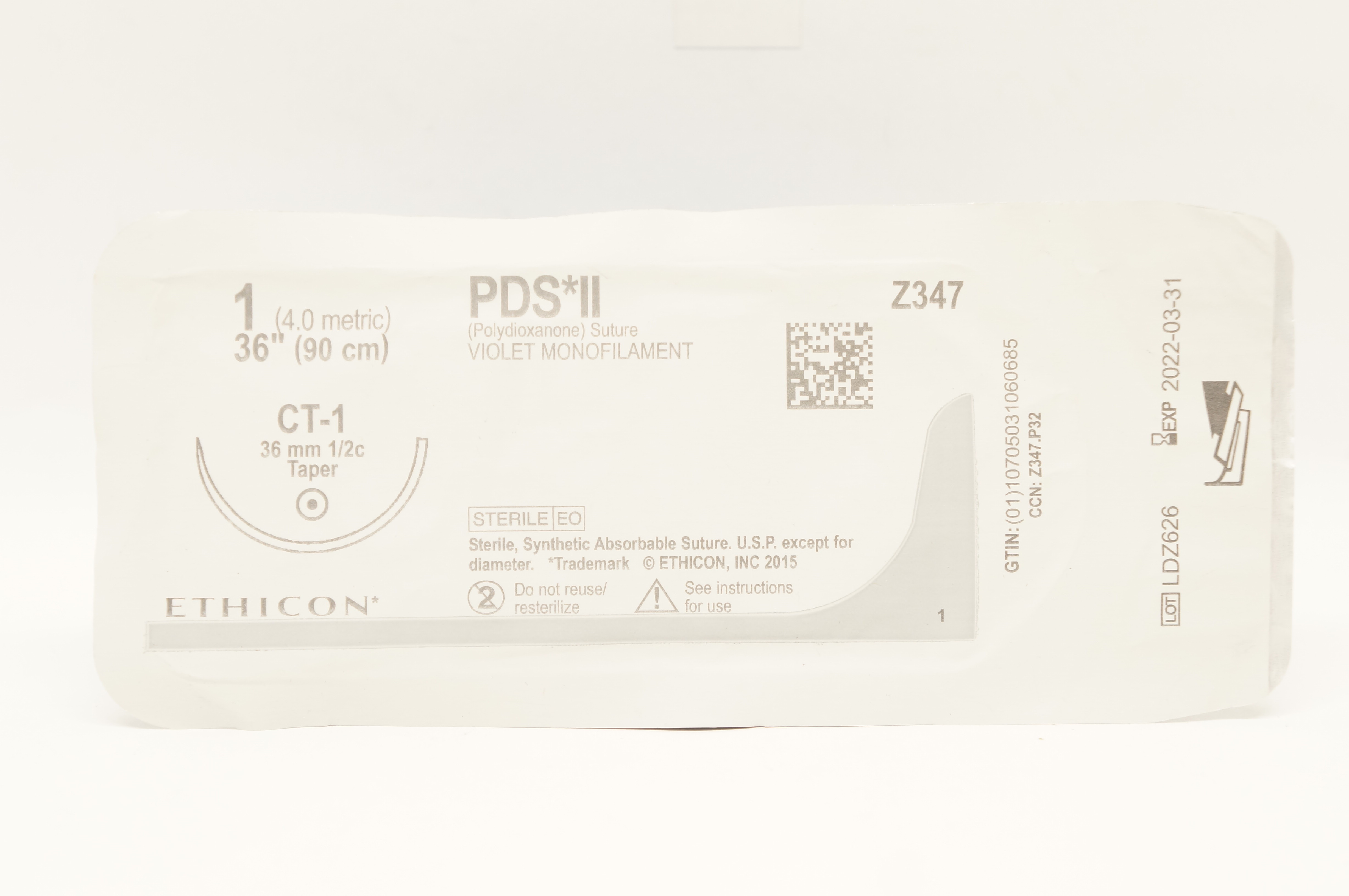 Ethicon Z347 1 PDS II Polydioxanone Stre CT-1, 36mm 1/2c Taper, 36inch