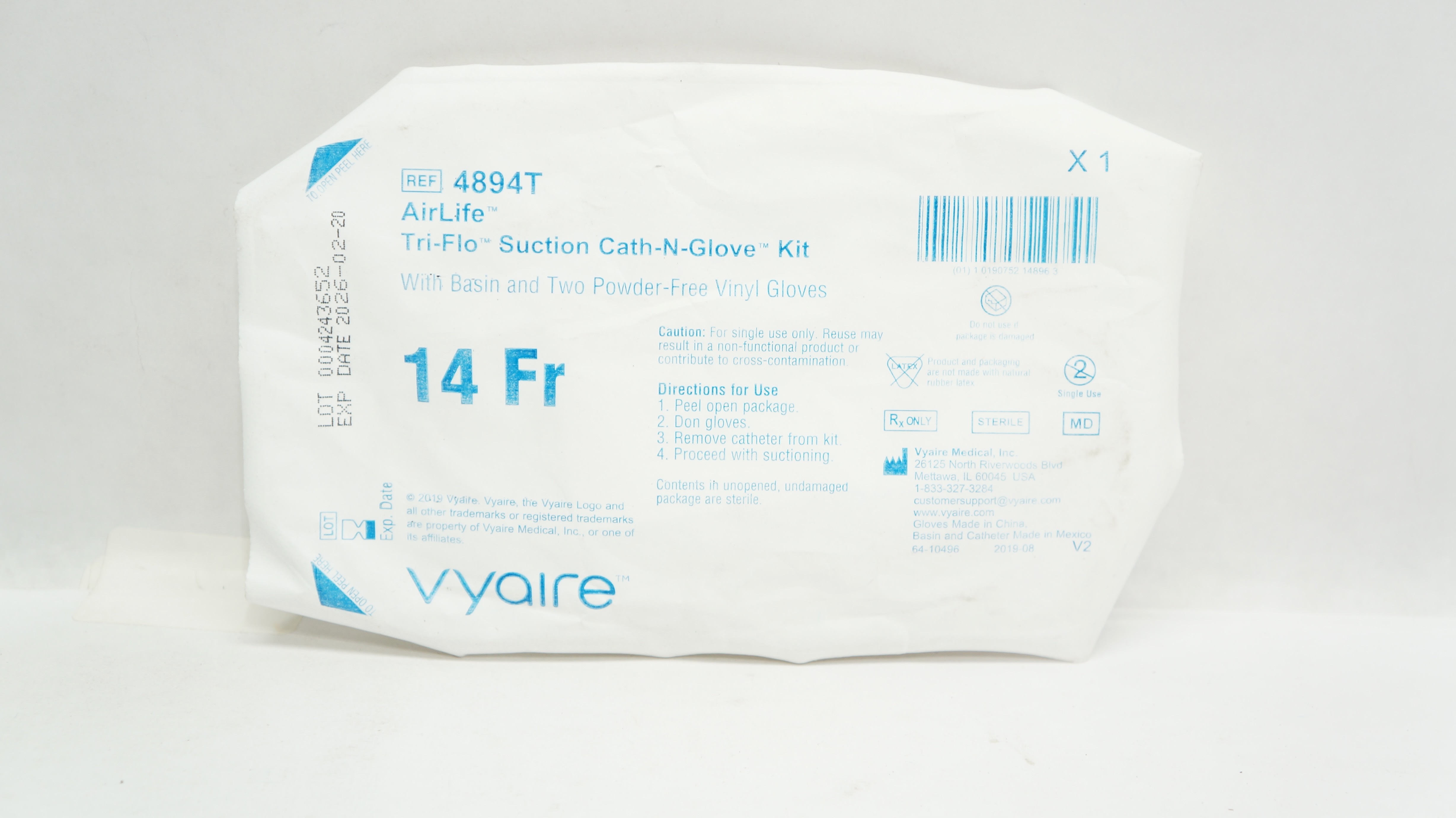 Vyaire 4894T AirLife Tri-Flo Suction Cath-N-Glove Kit with Basin & Gloves 14Fr