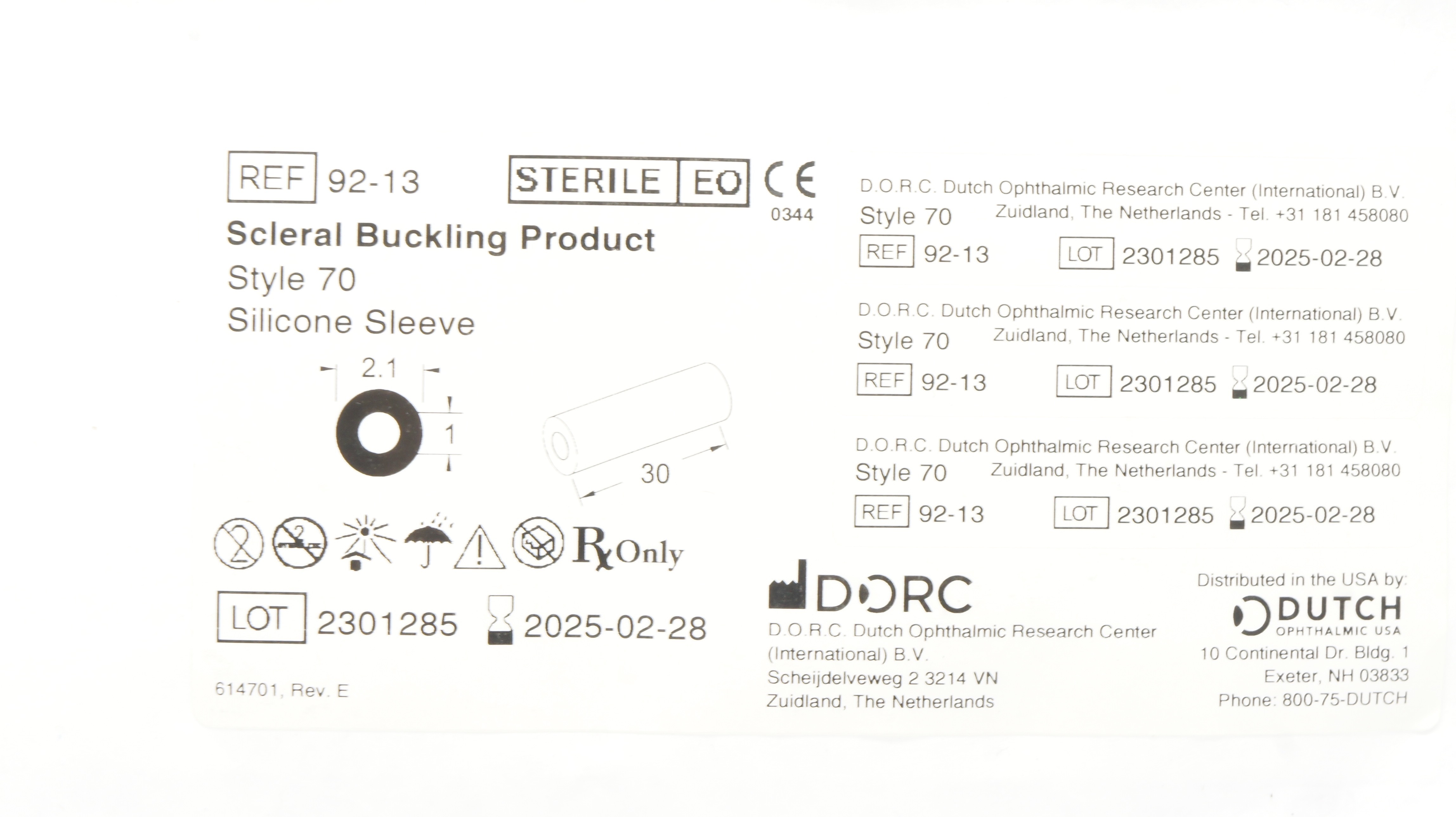 DORC 9213 Scleral Buckling Products Style 70 Silicone Sleeve 2.1 x 1 x 30