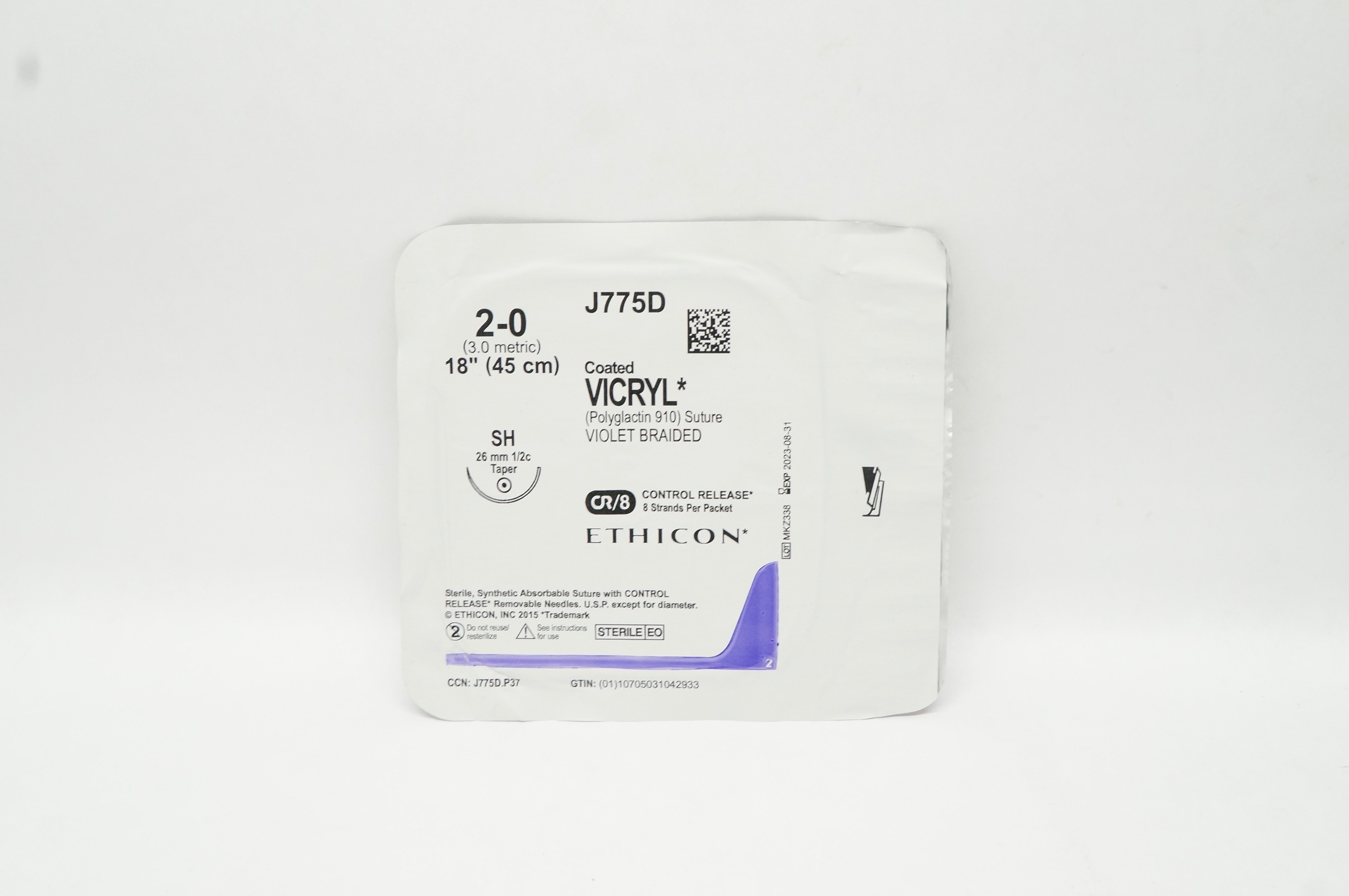Ethicon J775D 2-0 Coated VICRYL (Polyglactin 910) Stre SH 26mm 1/2c Taper 18inch