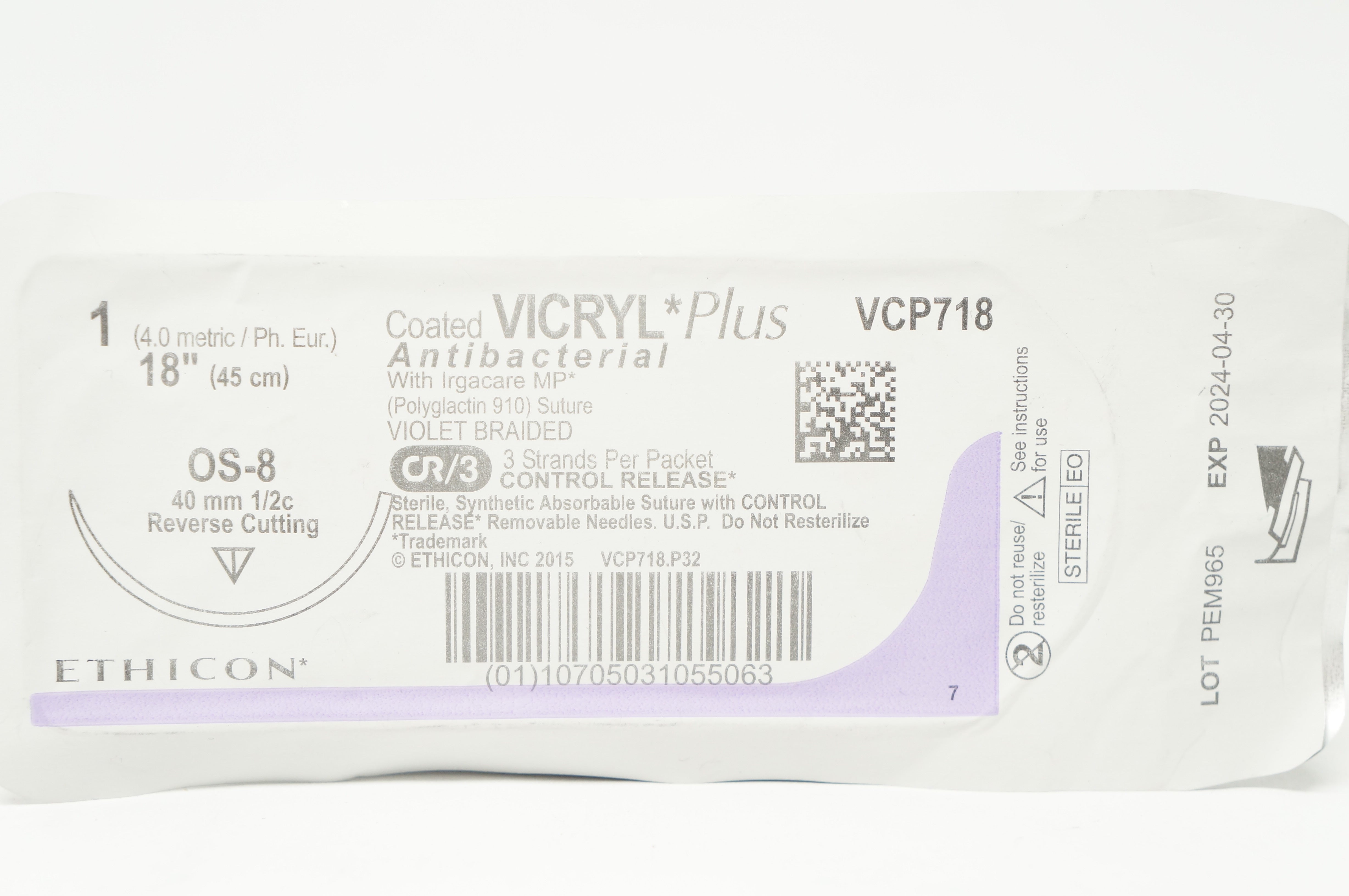 Ethicon VCP718 1 VICRYL, W/ Irgacare MP Stre OS-8 40mm 1/2c, 18in.