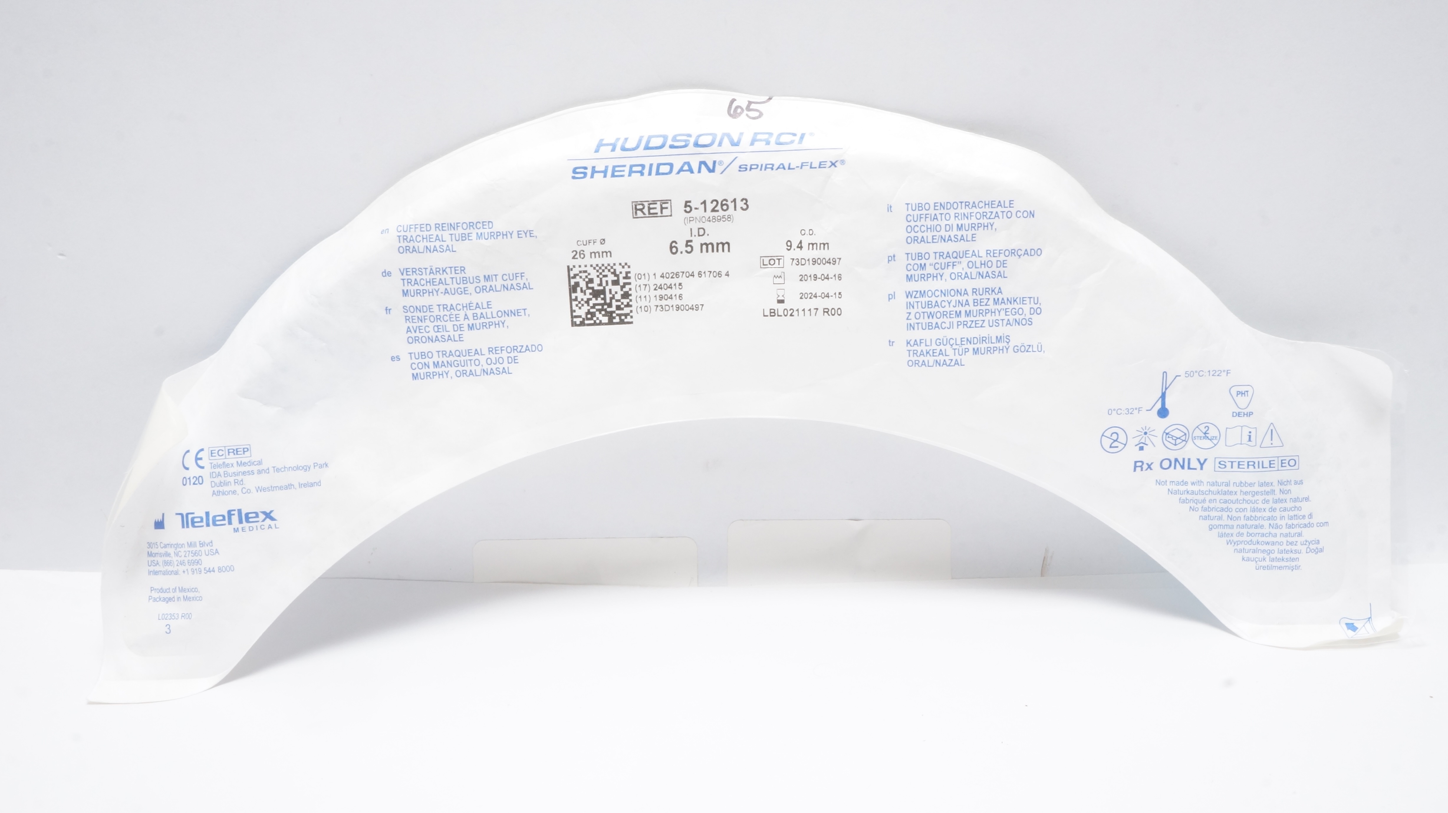 Teleflex 5-12613 Hudson RCI Sheridan Cuffed Tracheal Tube 6.5ID x 9.4ODx 26mm(x)