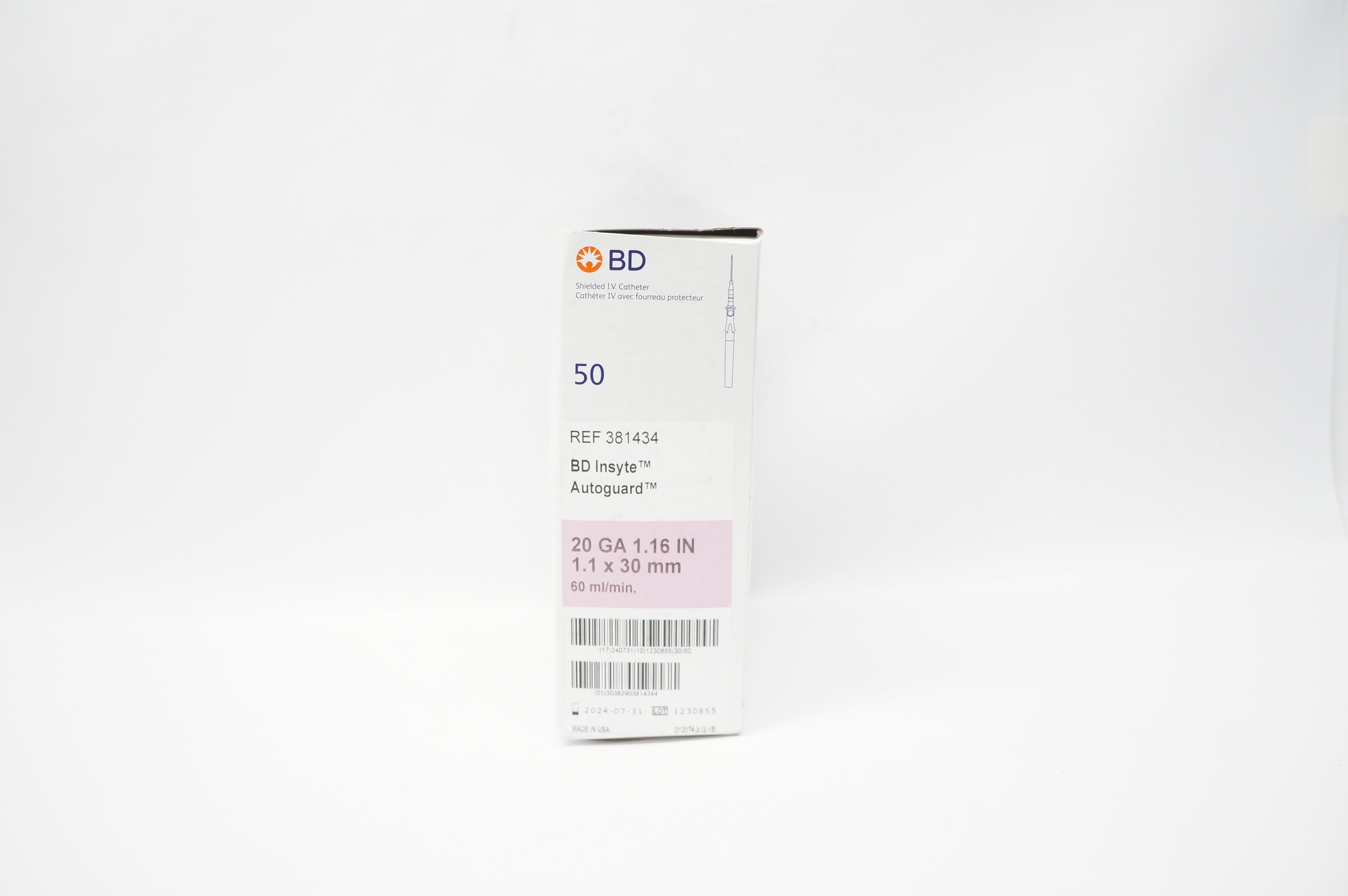 BD 381434 Insyte Autoguard Shielded IV Cath. 20Ga x1.16inch, 60ml/min -Box of 50