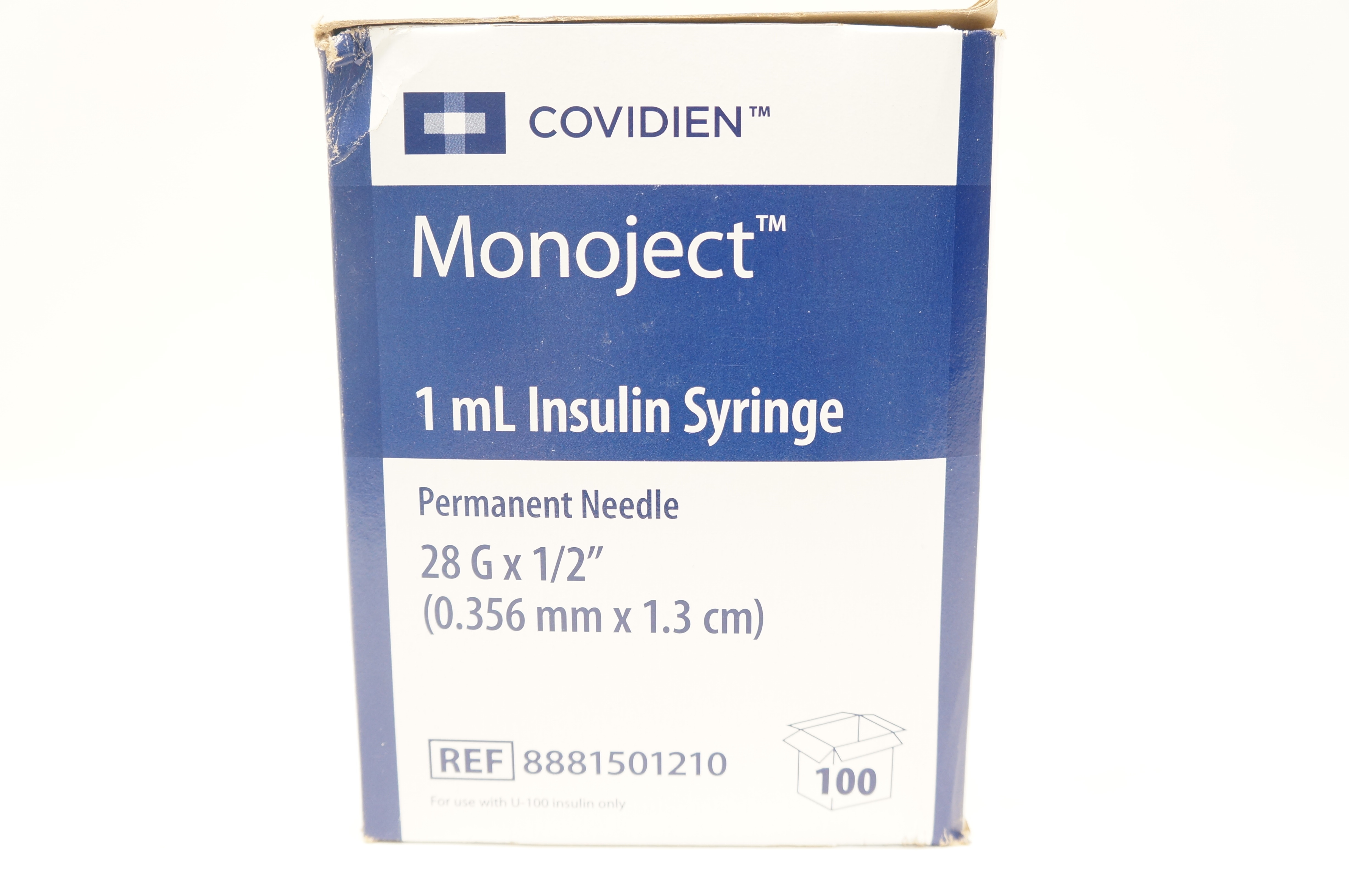 Covidien 8881501210 Monoject 1mL Insulin Syringe, 28G x 1/2inch Box
