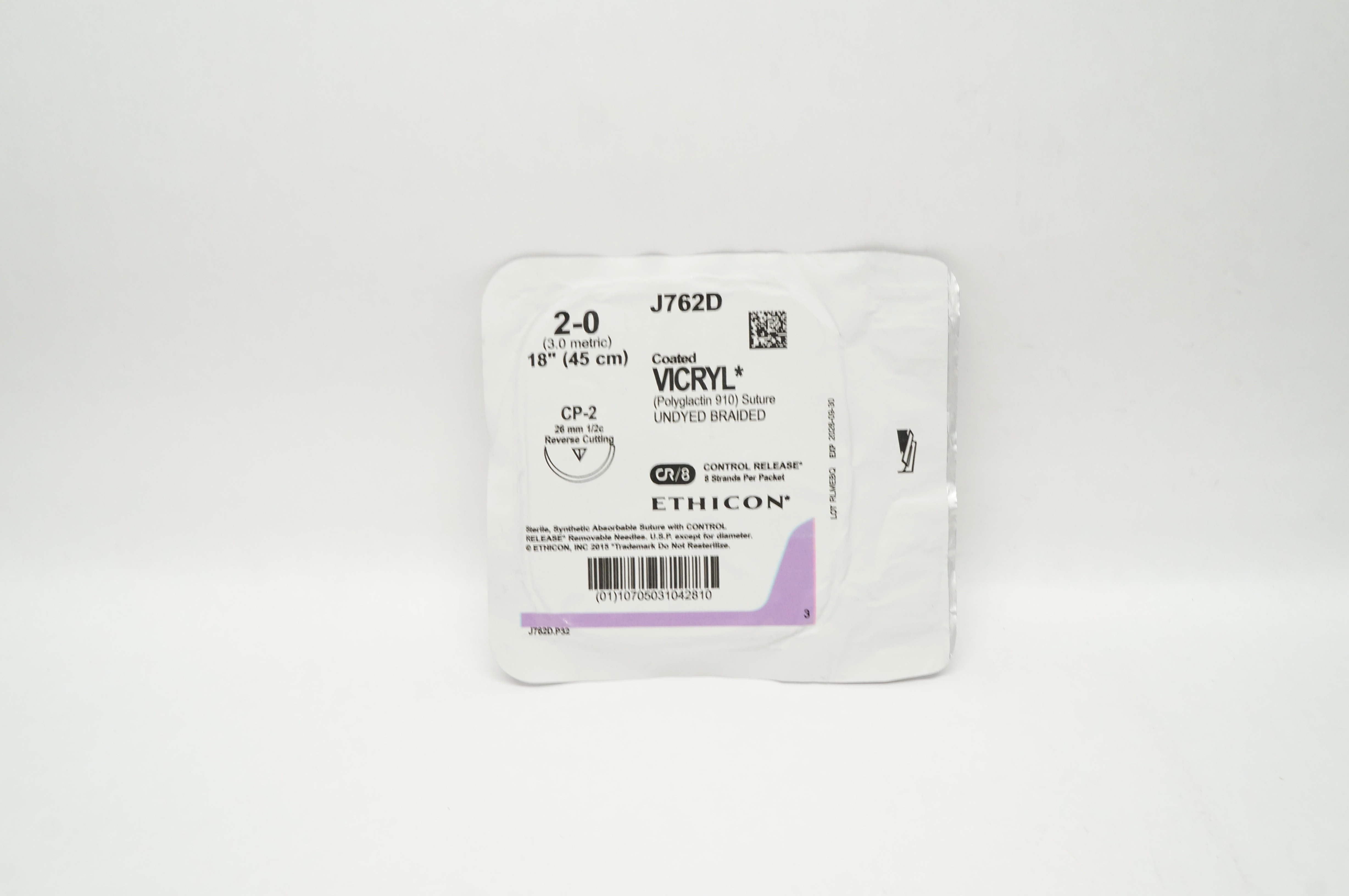 Ethicon J762D 2-0 Coated VICRYL Stre CP-2 26mm 1/2c Reverse Cutting, 18inch