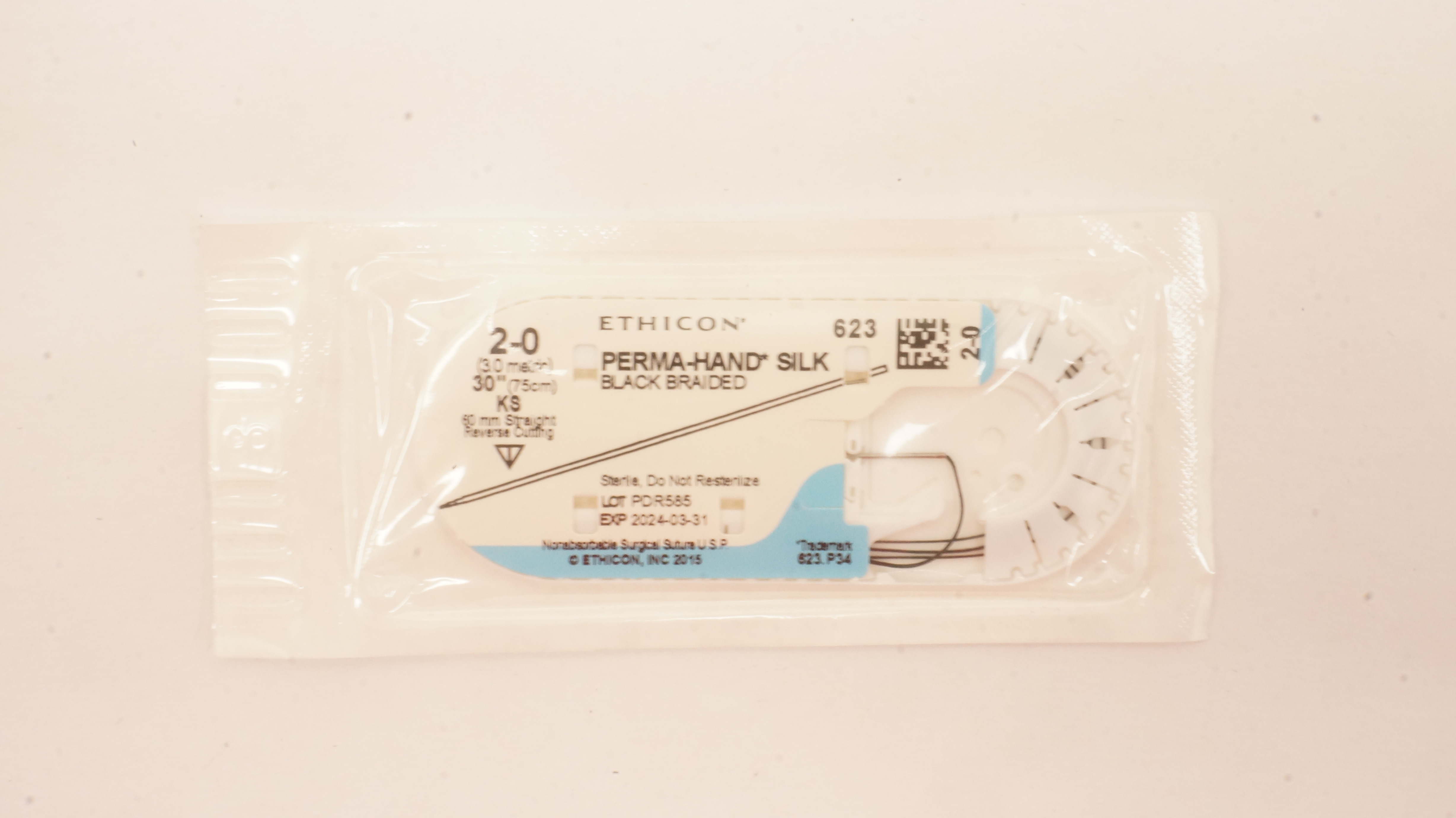 Ethicon 623 2-0 PERMA-HAND SILK, KS 60mm Straight Reverse Cutting, 30inch