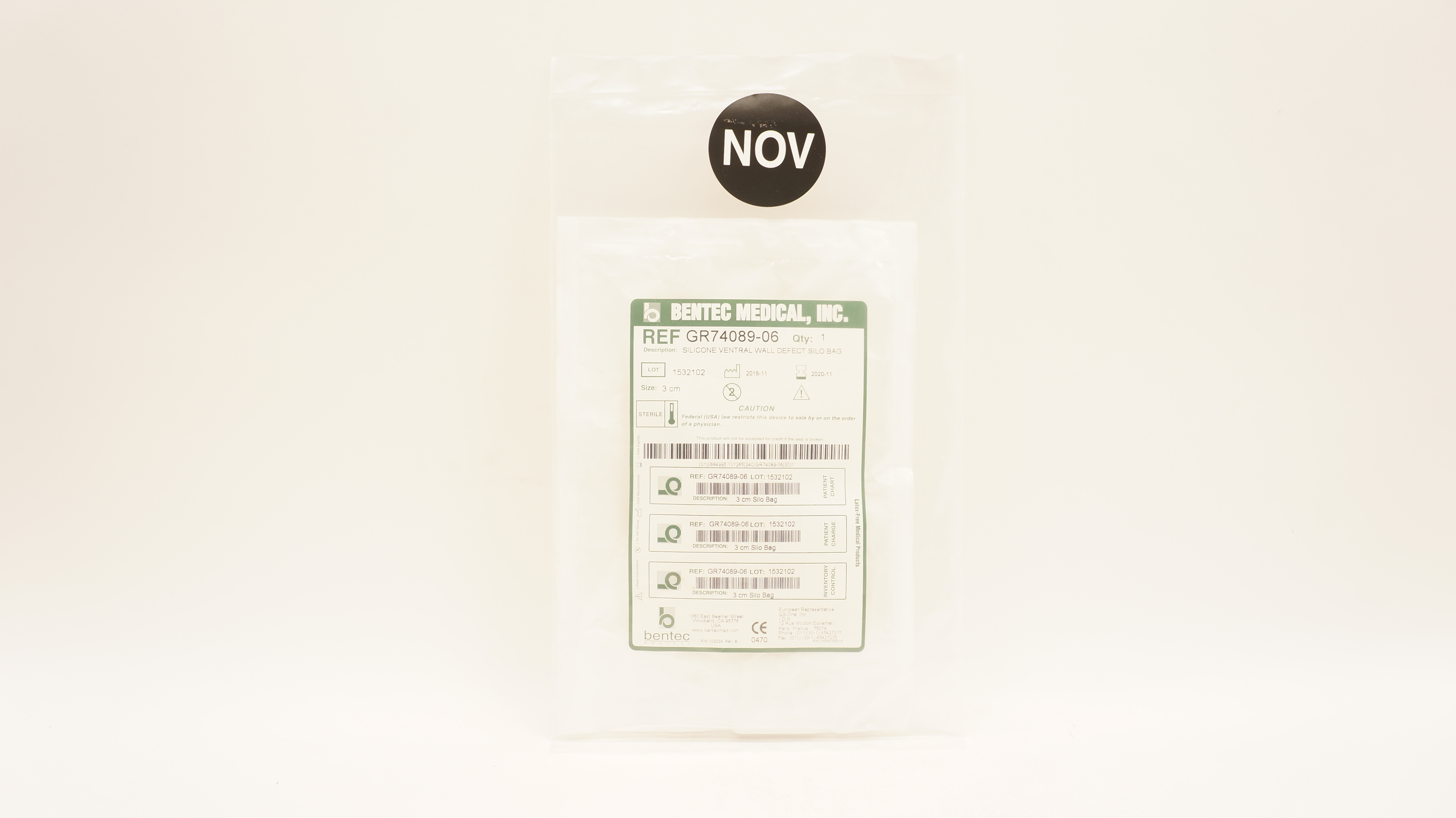 Bentec Medical GR74089-06 Silicone Ventral Wall Defect Silo Bag 3cm (x)