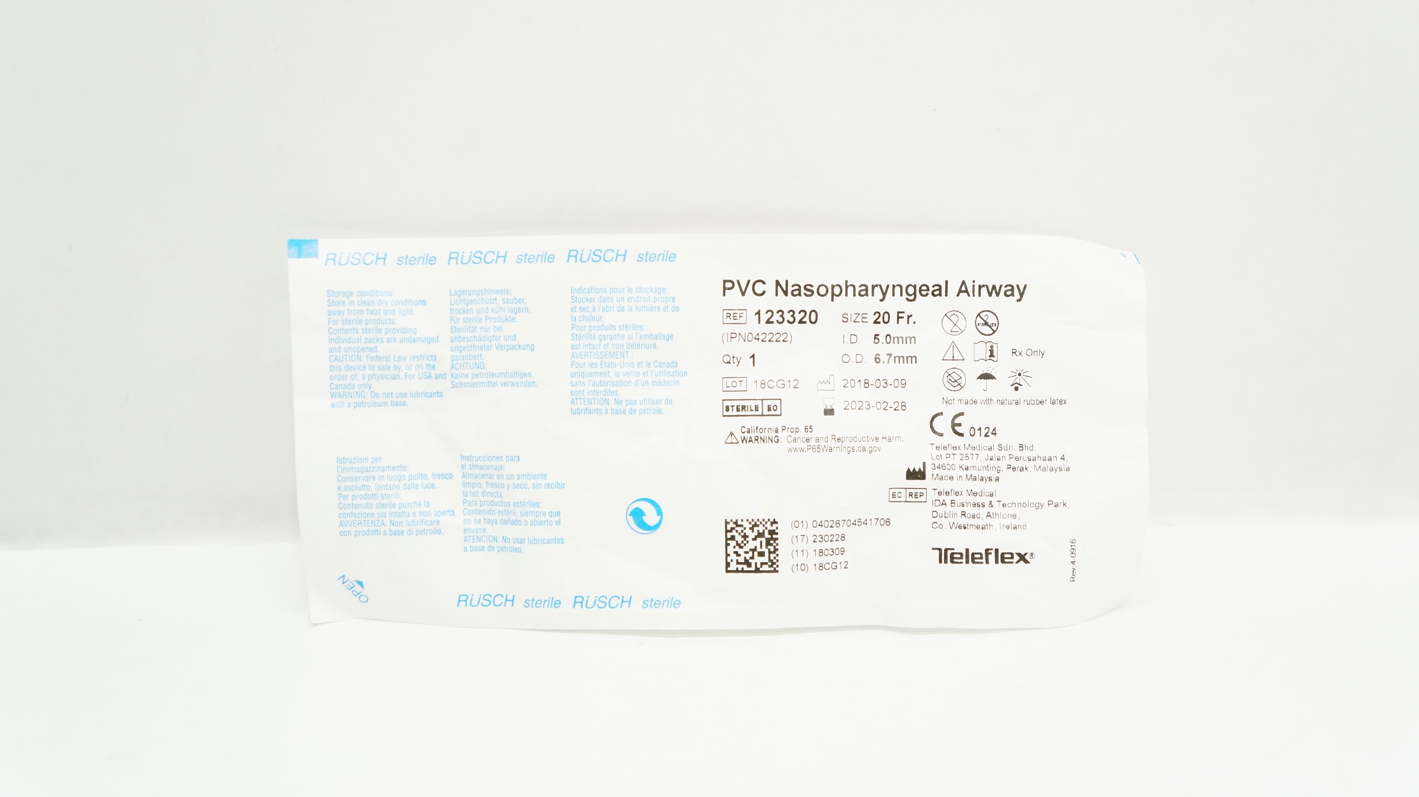 Teleflex 123320 Rusch PVC Nasopharyngeal Airway 20Fr x 5.0mm ID x 6.7mm OD
