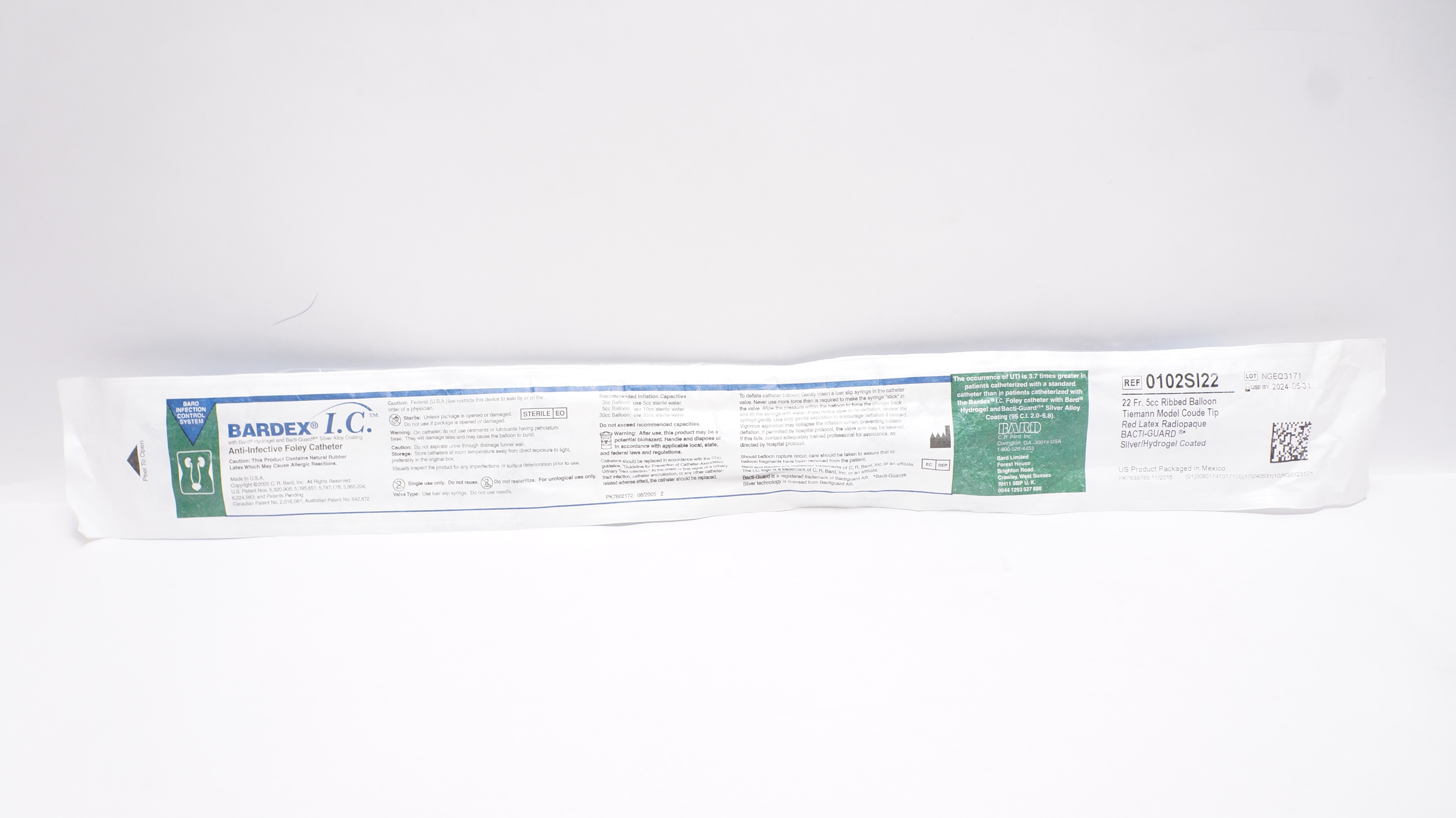 Bard 0102SI22 Bardex I.C. Anti-Infective Foley Cath. 22Fr. x 5cc Ribbed Balloon
