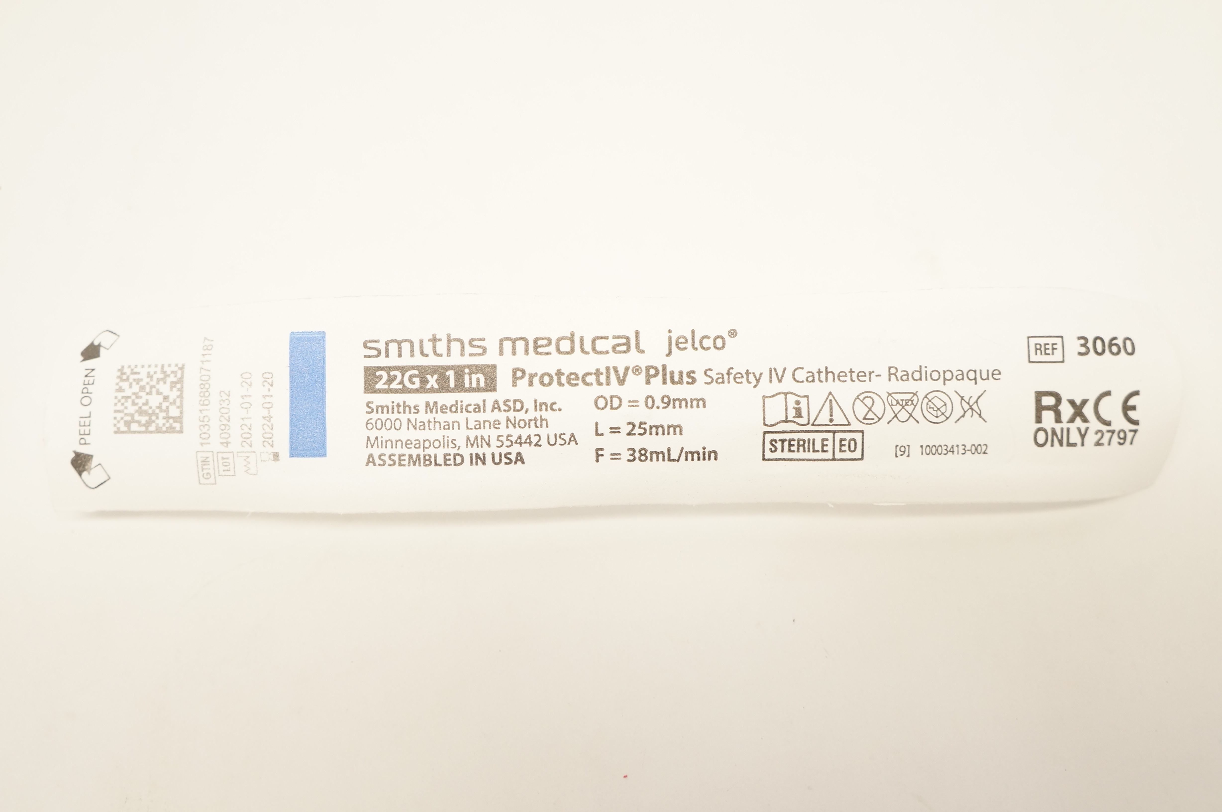 Smiths Medical 3060 Jelco ProtectIV Plus Safety Cath. 22G x 1inch 38ml/min