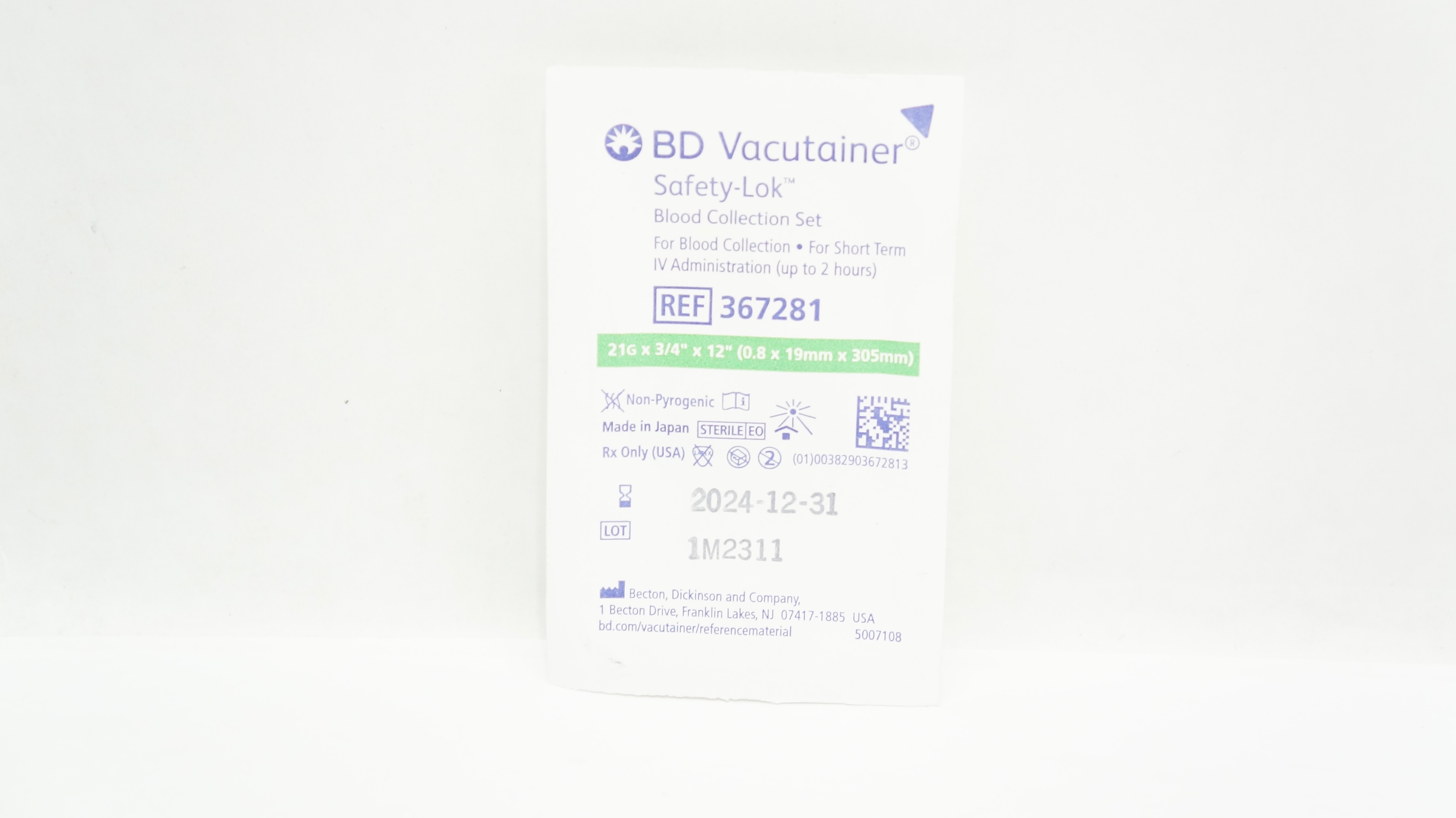 BD 367281 Vacutainer Safety-Lok Blood Collection Set 21G x 3/4inch x 12inch