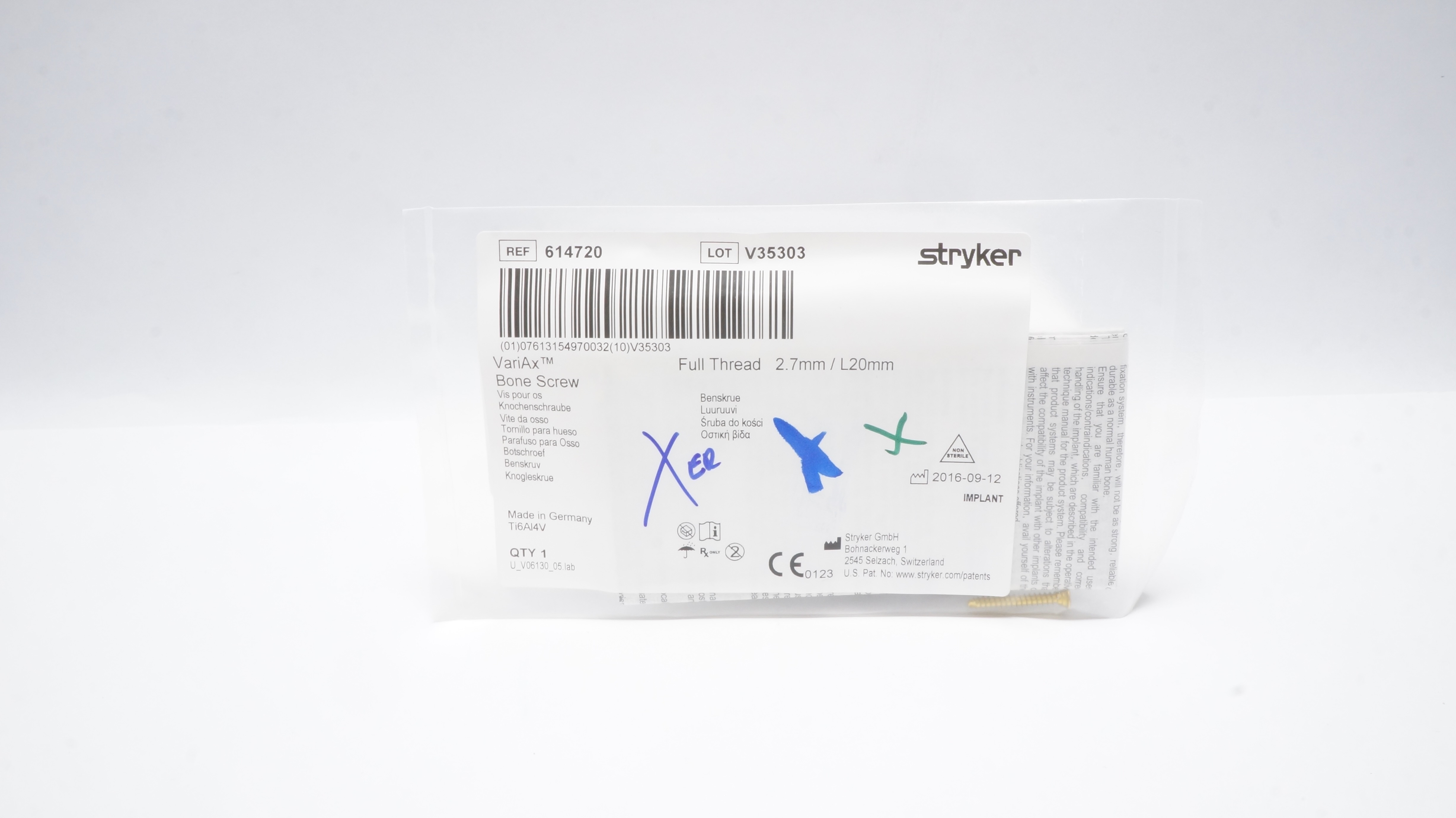 Stryker 614720 VariAx Bone Screw Full Thread 2.7mm/ L20mm