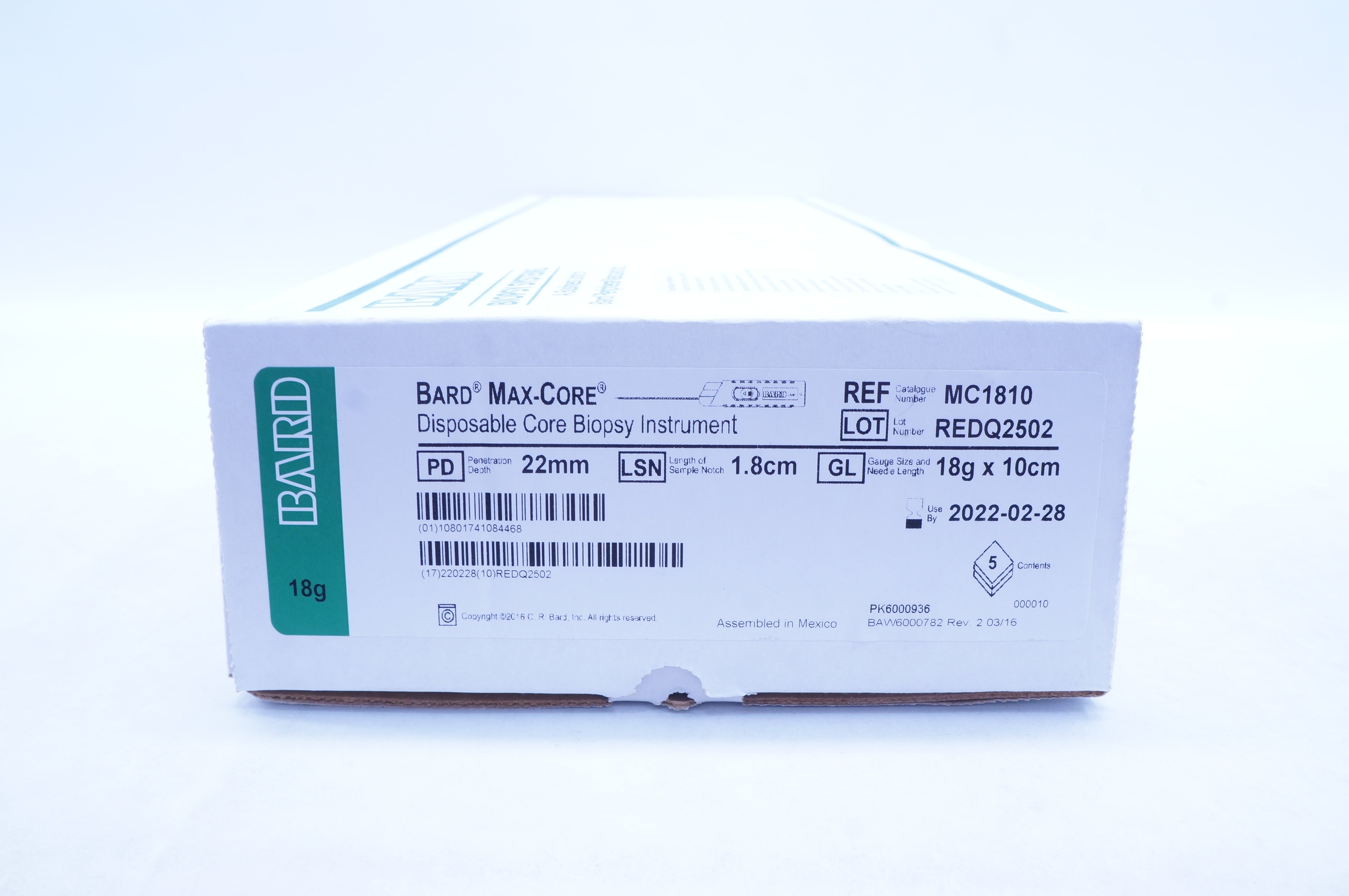 Bard MC1810 Max-Core Disposable Core Biopsy Instrument 18g x 1.8cm x 22mm - Box of 5