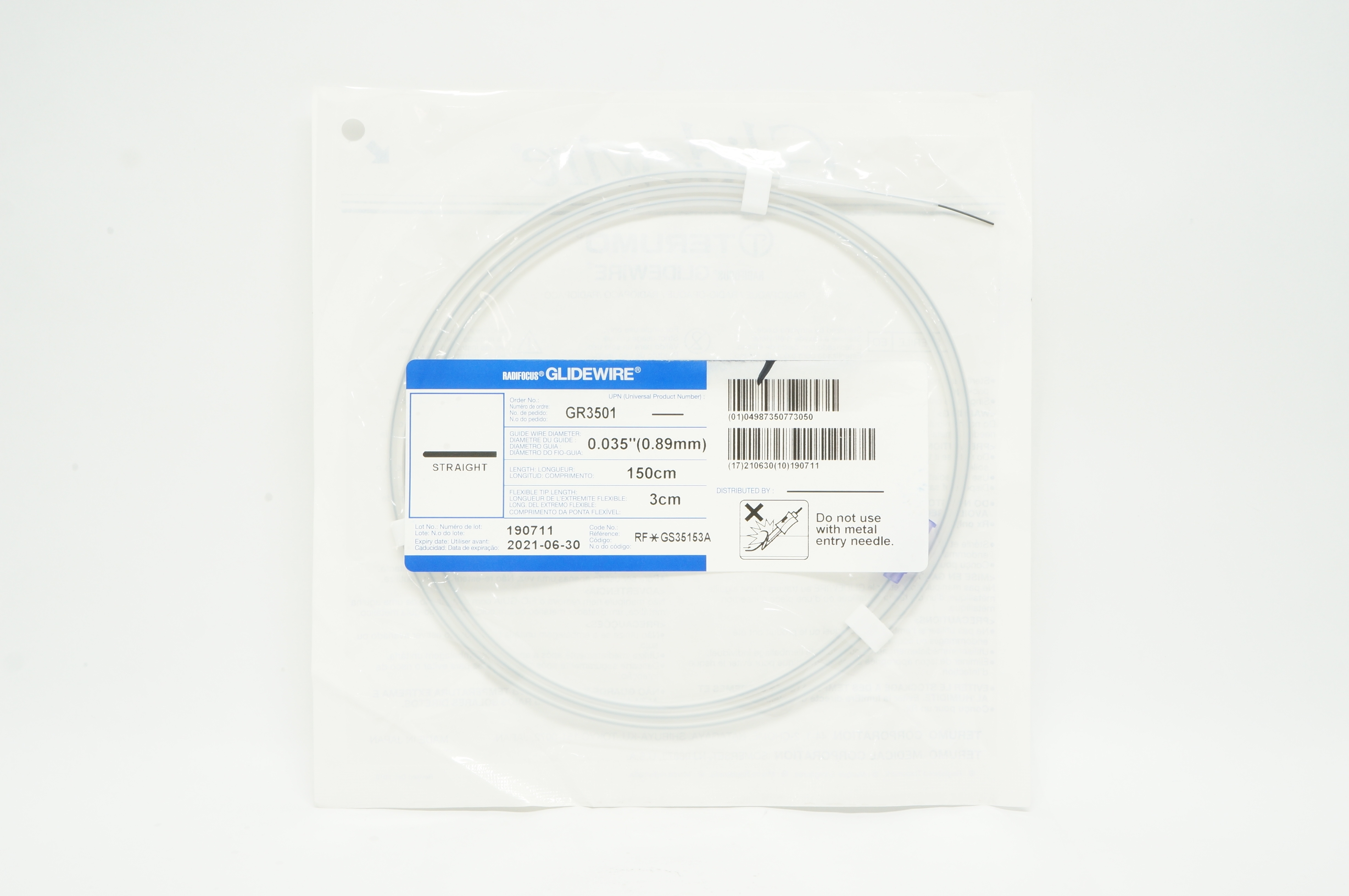 Terumo GR3501 Radiofocus Glidewire Straight 0.035inch x 150cm x 3cm