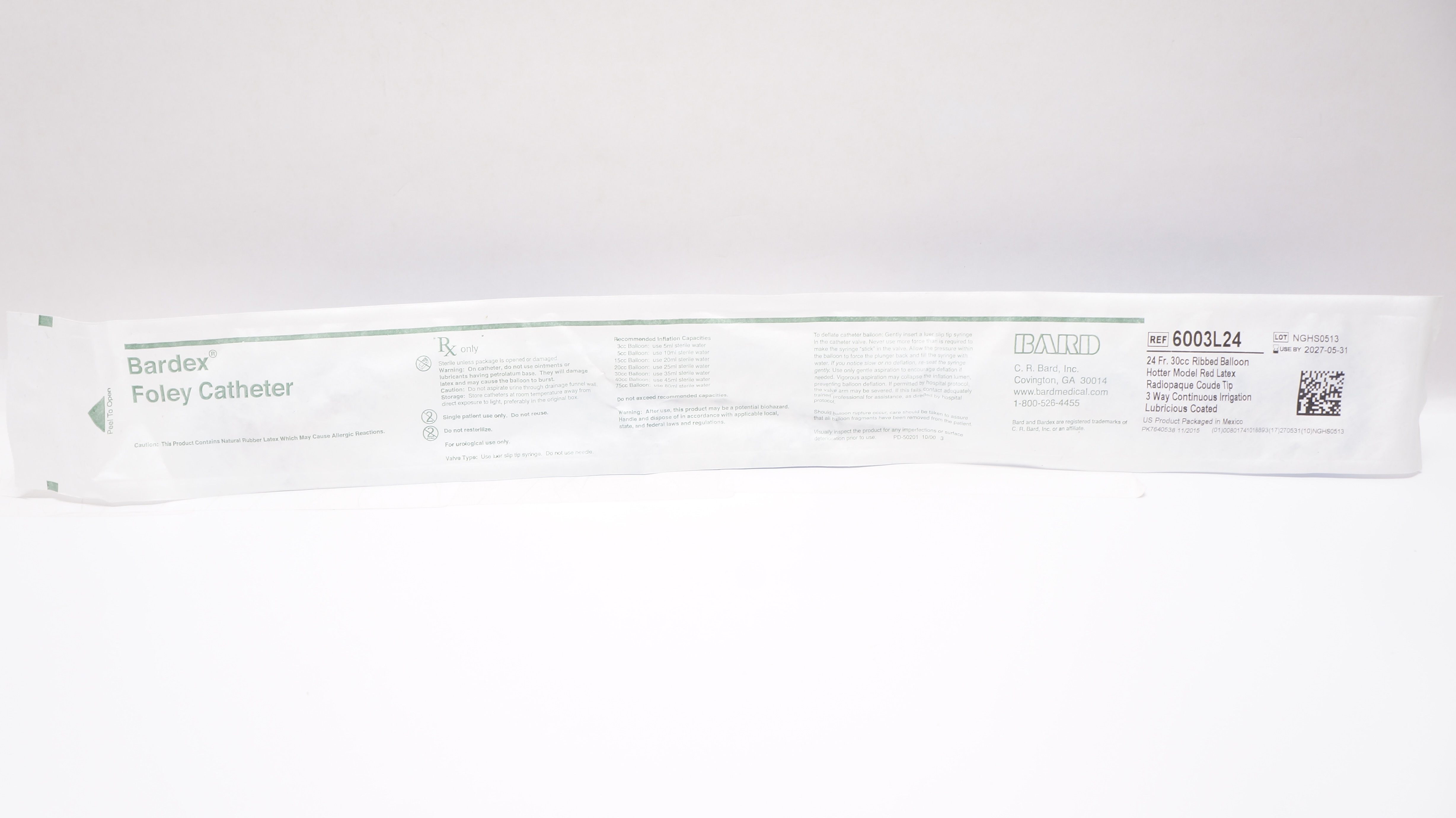 Bard 6003L24 Bardex Foley Cath. Ribbed Balloon Hotter Model 24Fr x 30cc