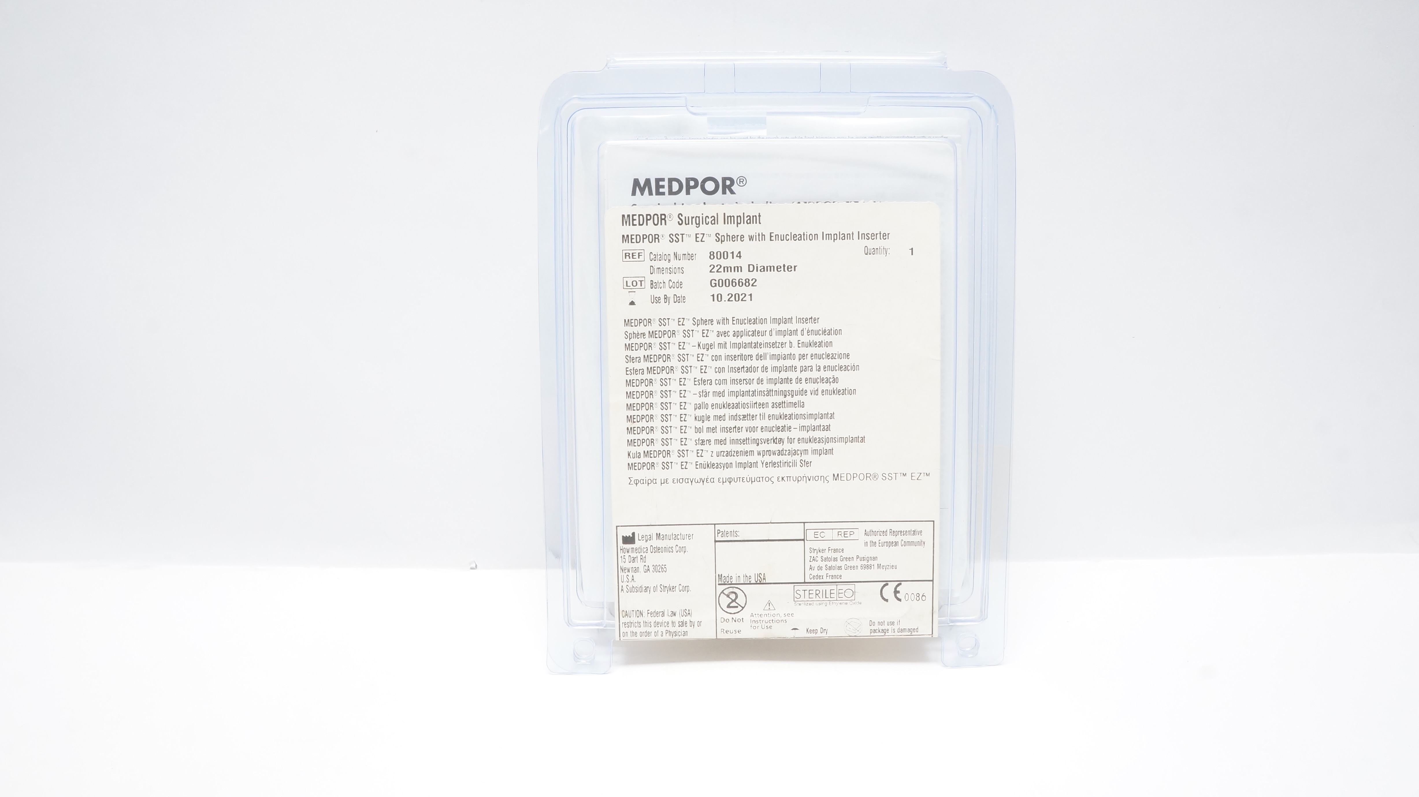 Howmedica Osteonics 80014 MEDPOR Surgical Implant 22mm Diameter (x)