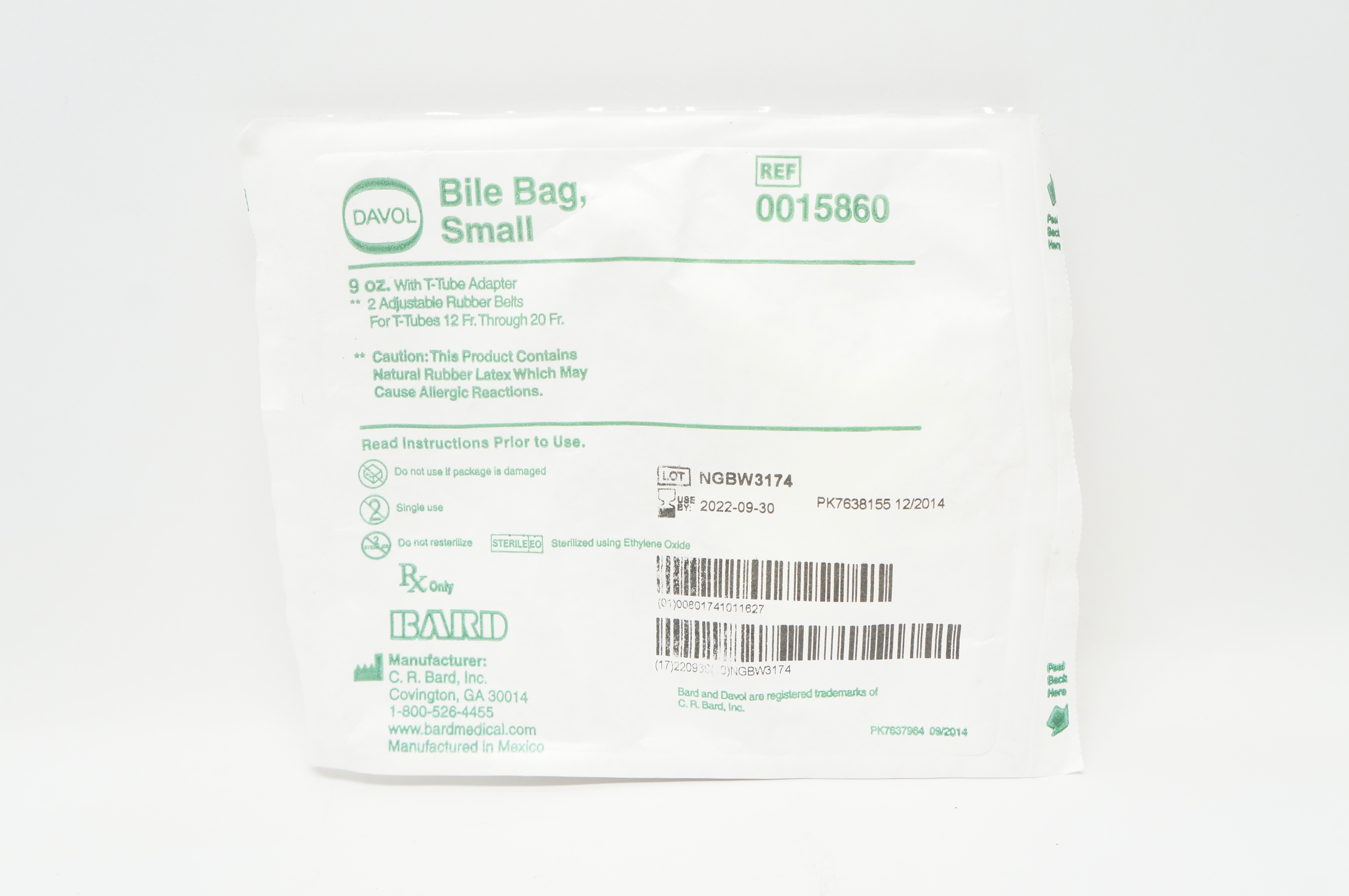 Bard 0015860 Davol Bile Bag Small 9oz with T-Tube Adapter